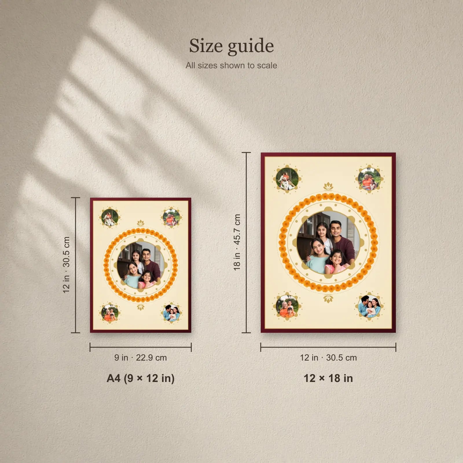 Diwali Rangoli Family Frame size guide: A4 (9 × 12 in), 12 × 18 in