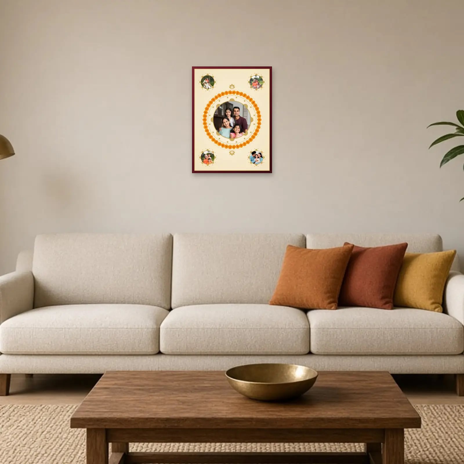 Diwali Rangoli Family Frame above a sofa