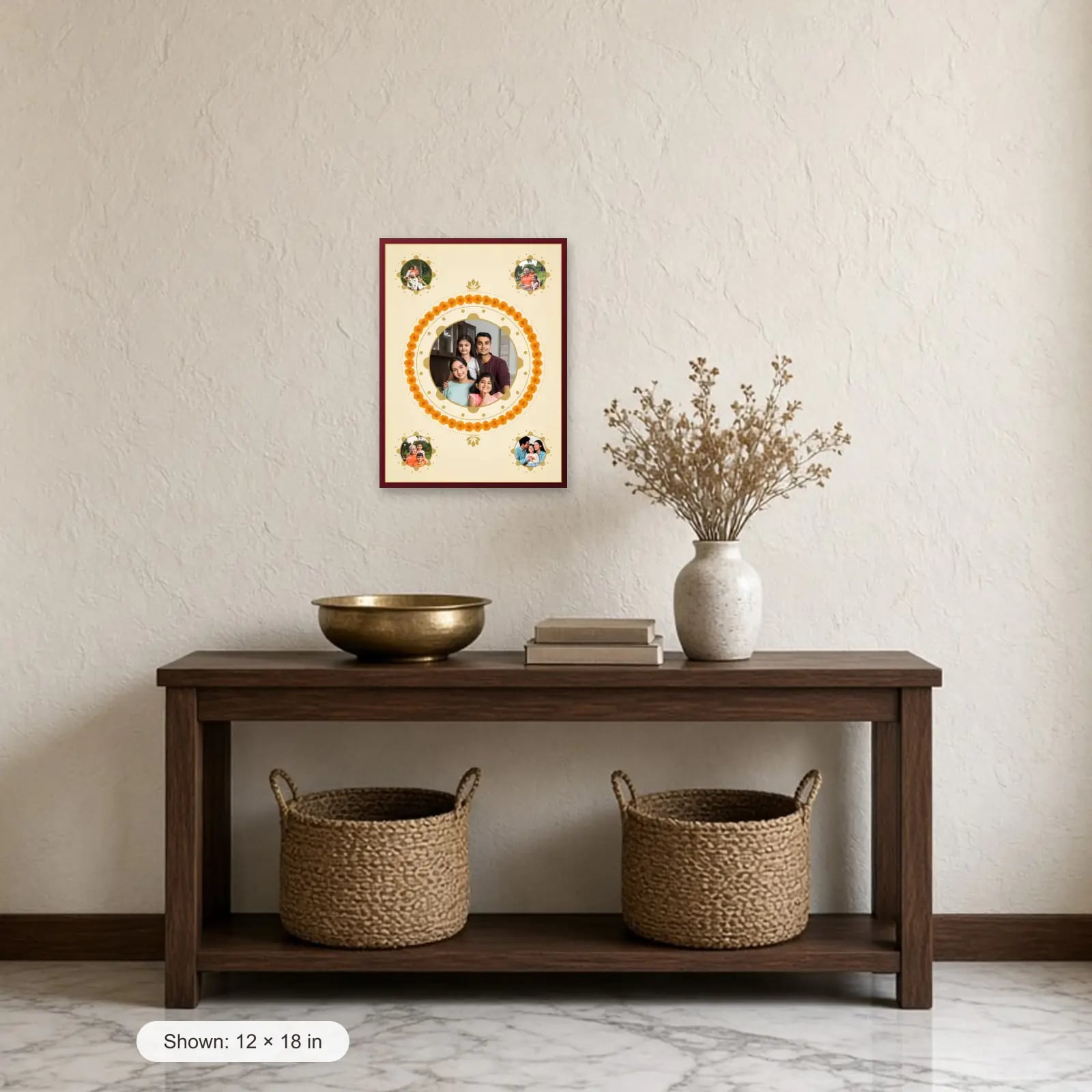 Diwali Rangoli Family Frame above a console table