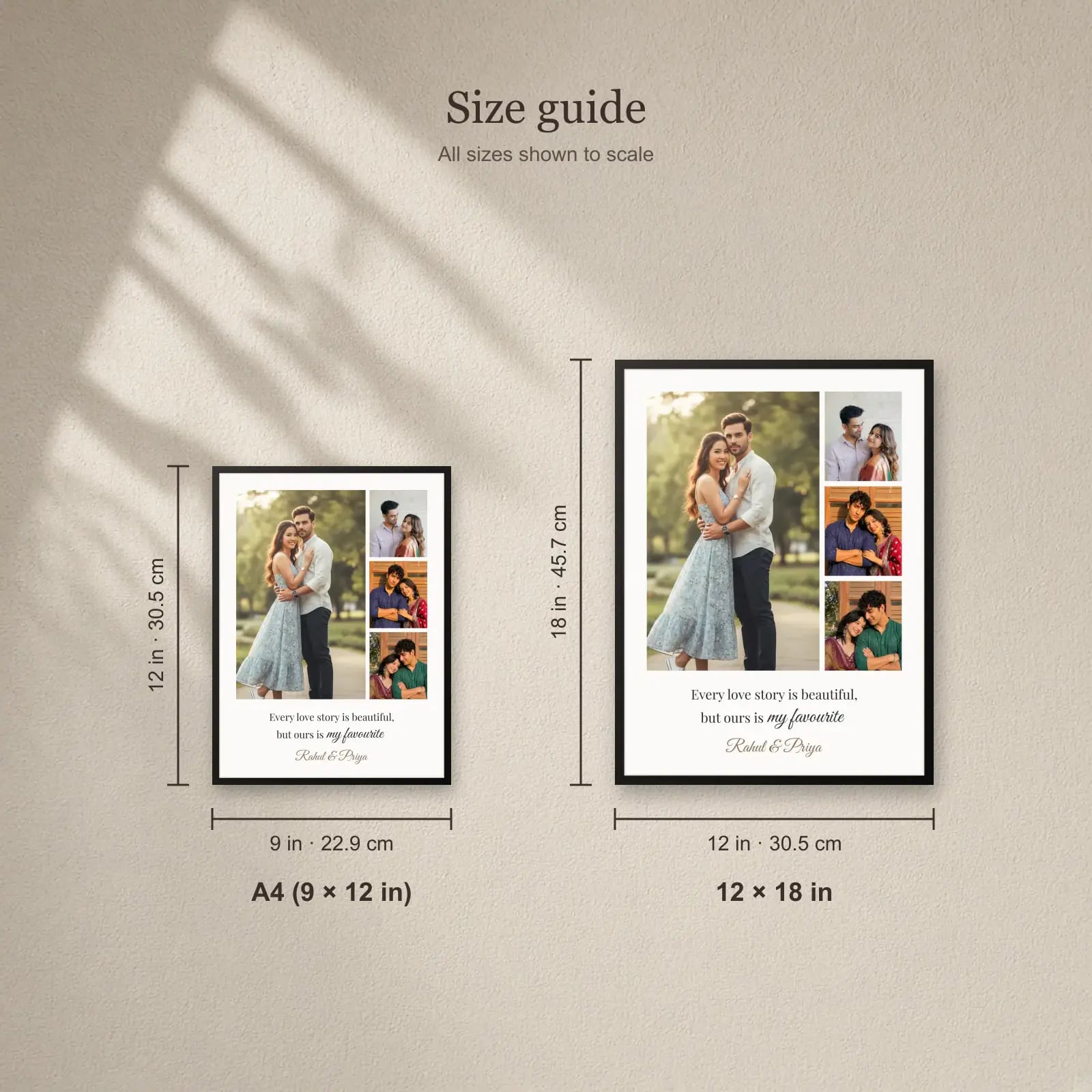 Every Love Story Frame — 4 Photos size guide: A4 (9 × 12 in), 12 × 18 in