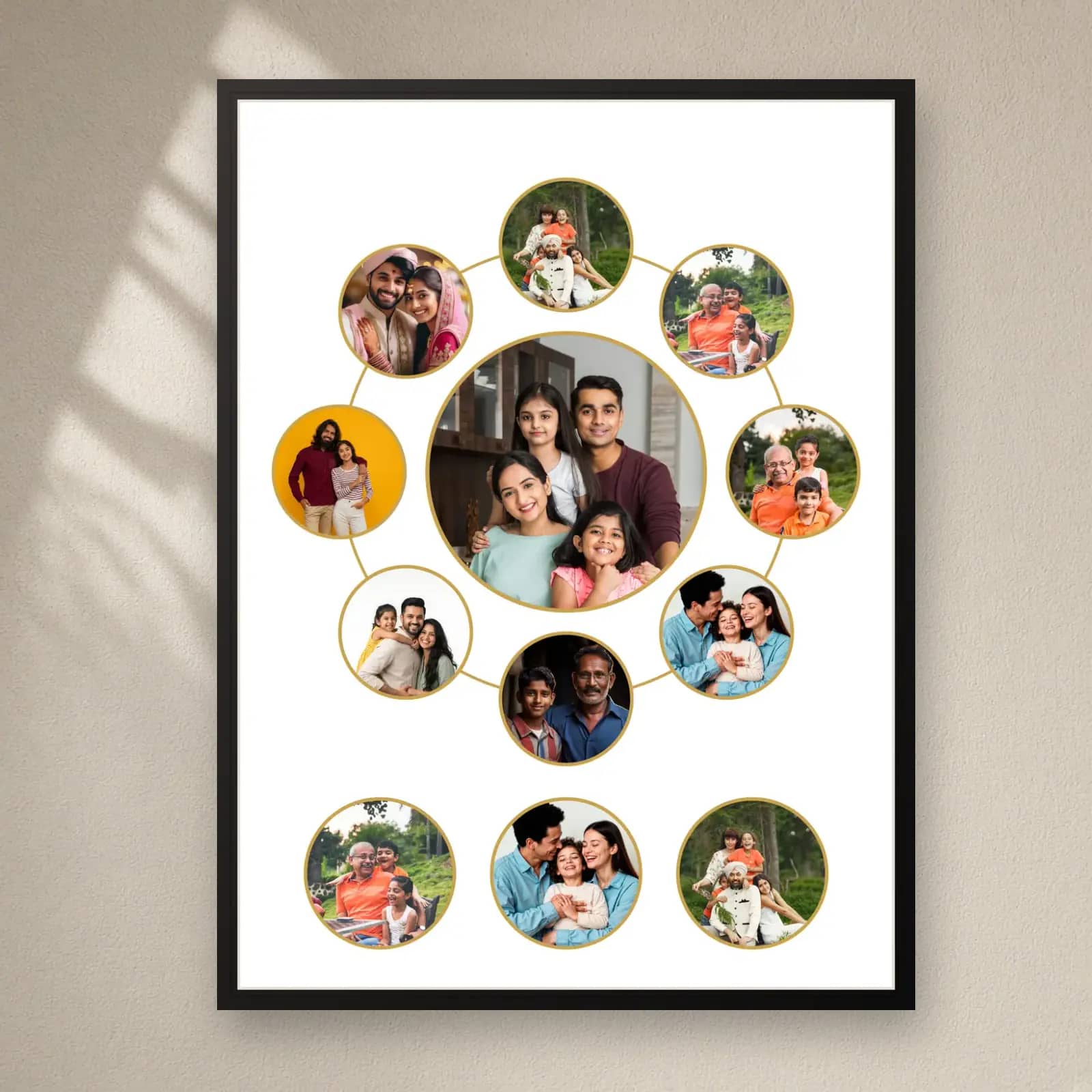 Family Circle Collage Frame — 12 Photos on a plain wall