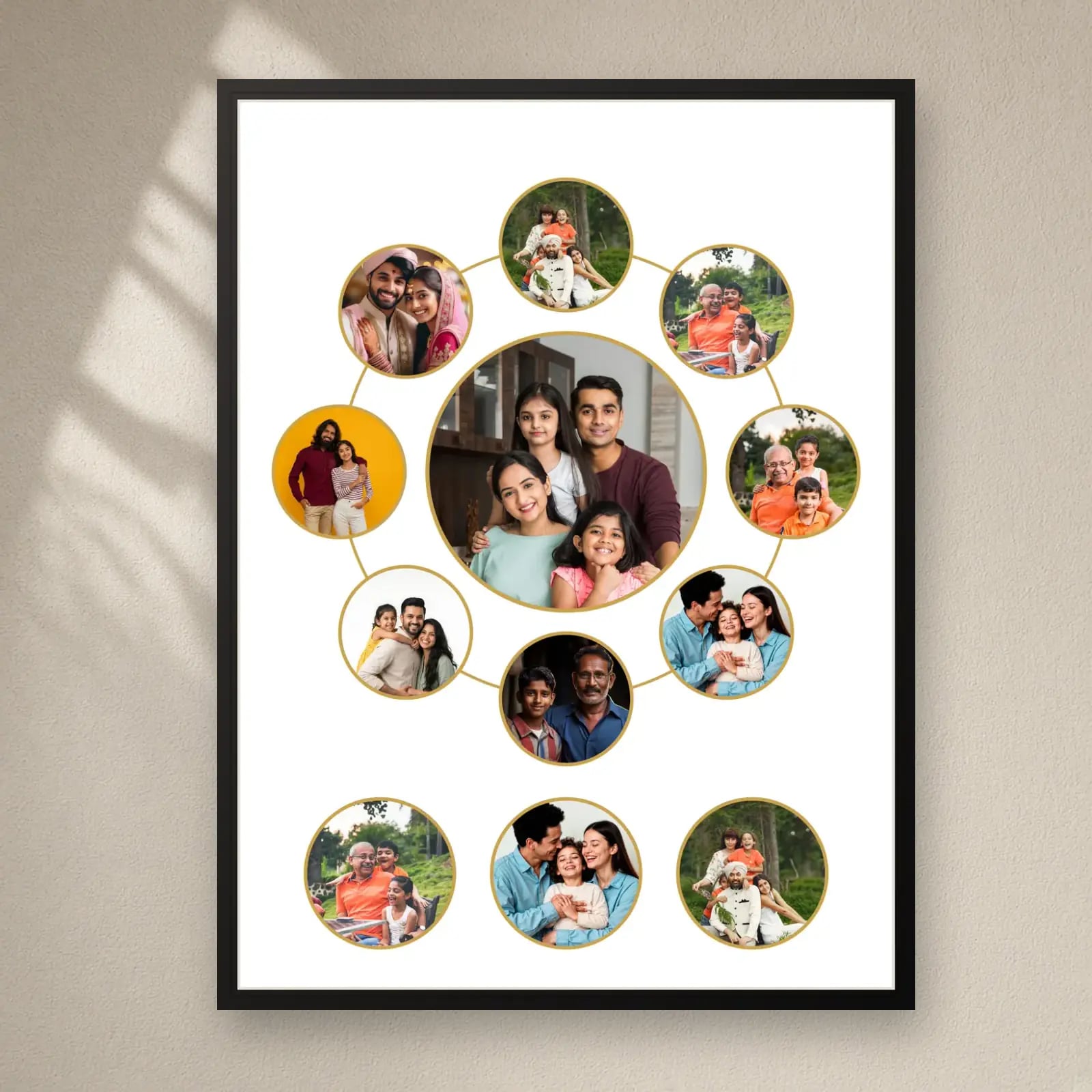 Family Circle Collage Frame — 12 Photos on a plain wall
