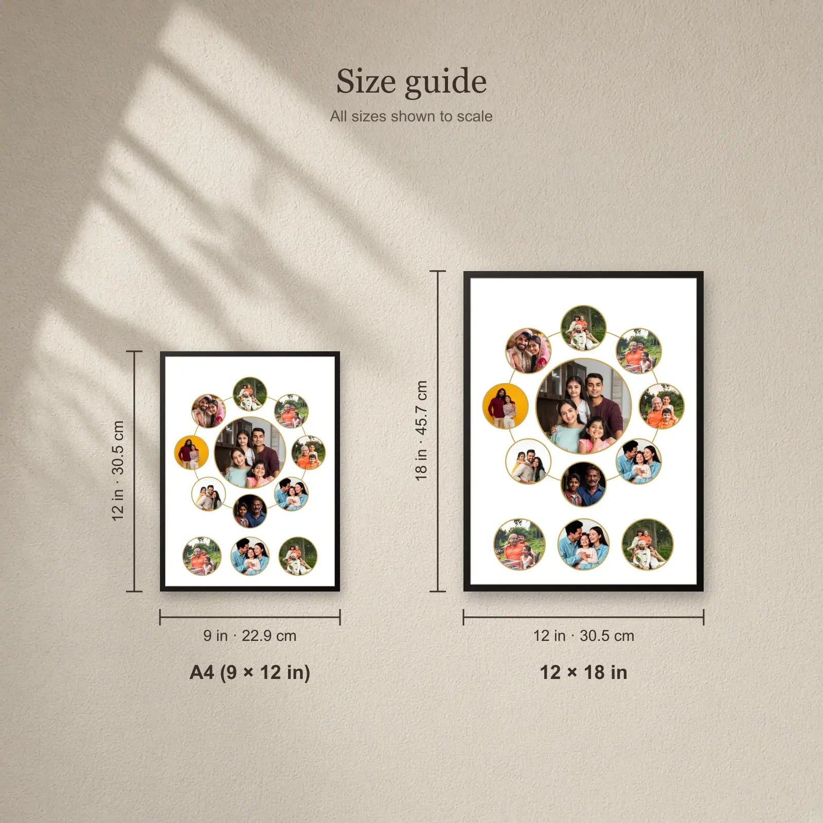 Family Circle Collage Frame — 12 Photos size guide: A4 (9 × 12 in), 12 × 18 in