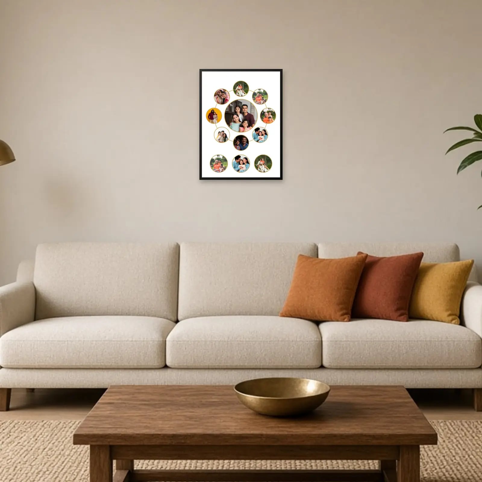 Family Circle Collage Frame — 12 Photos above a sofa