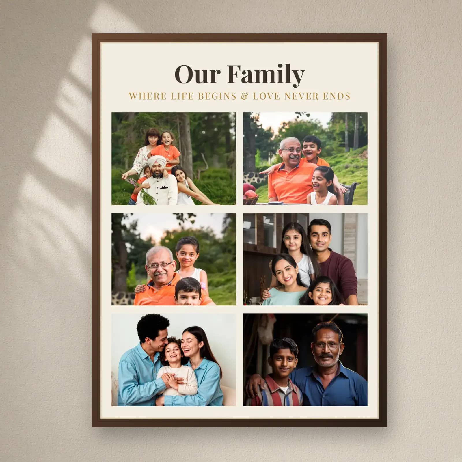 Family Grid Collage Frame — 6 Photos on a plain wall