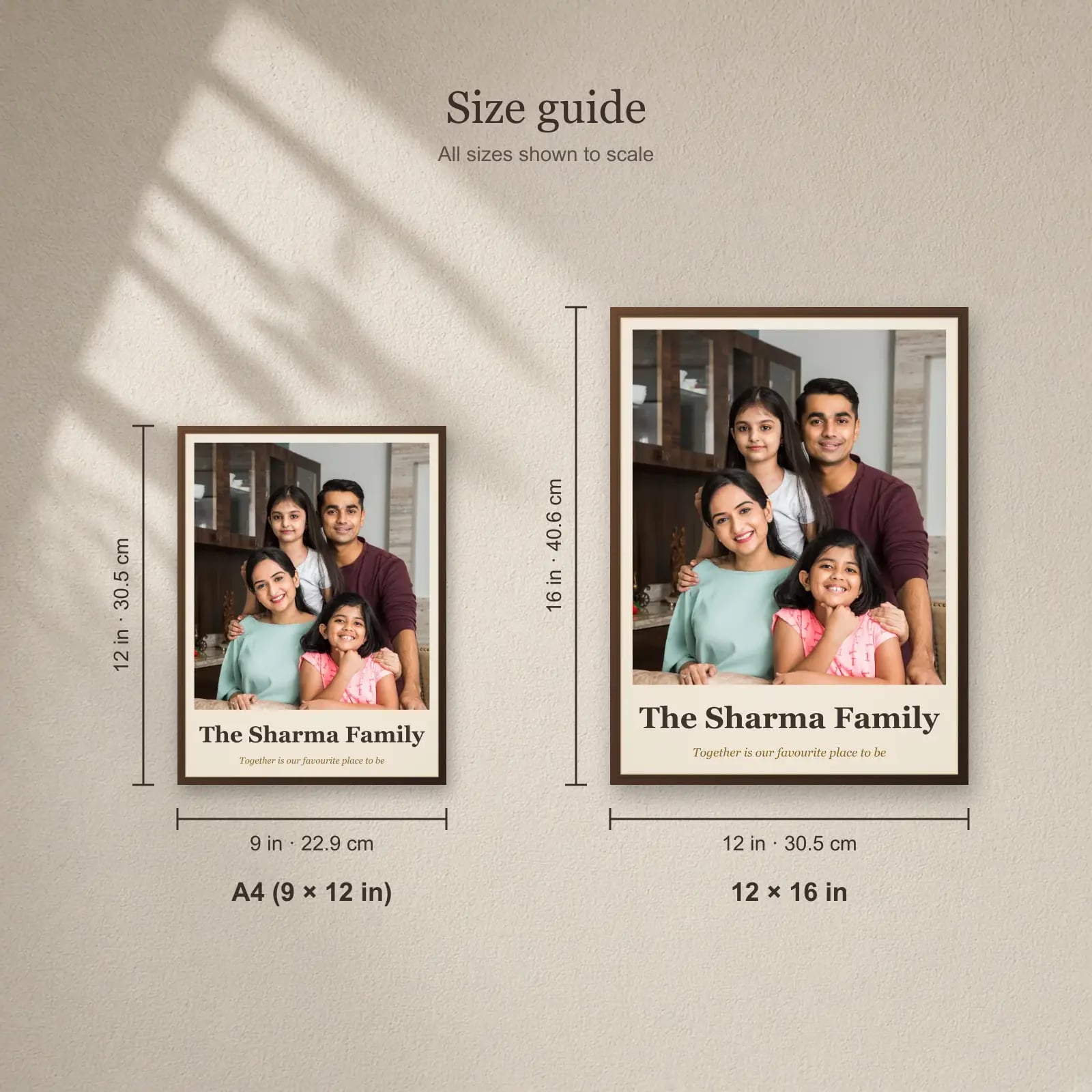 Family Photo Frame with Family Name size guide: A4 (9 × 12 in), 12 × 16 in