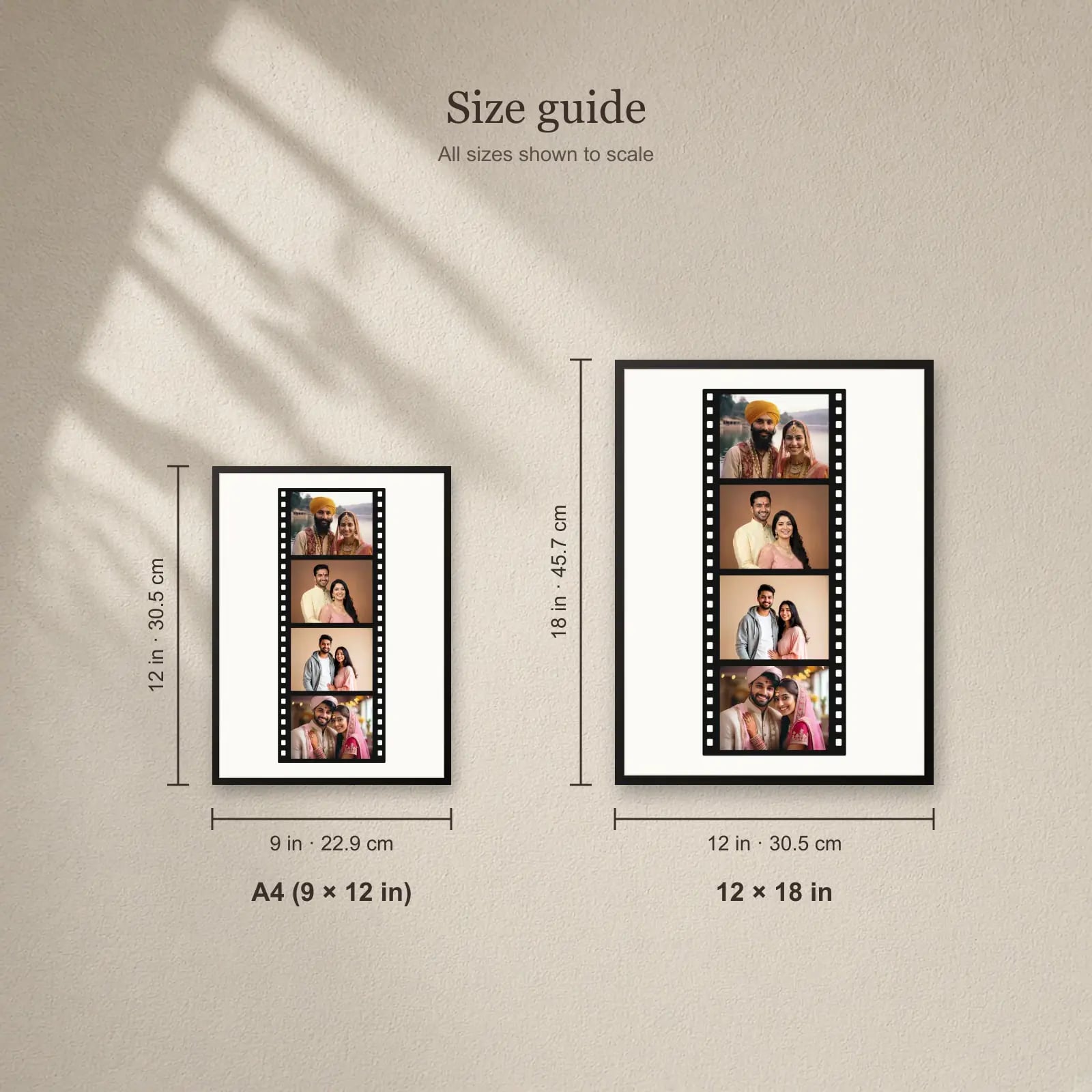 Film Strip Photo Frame — 4 Photos size guide: A4 (9 × 12 in), 12 × 18 in
