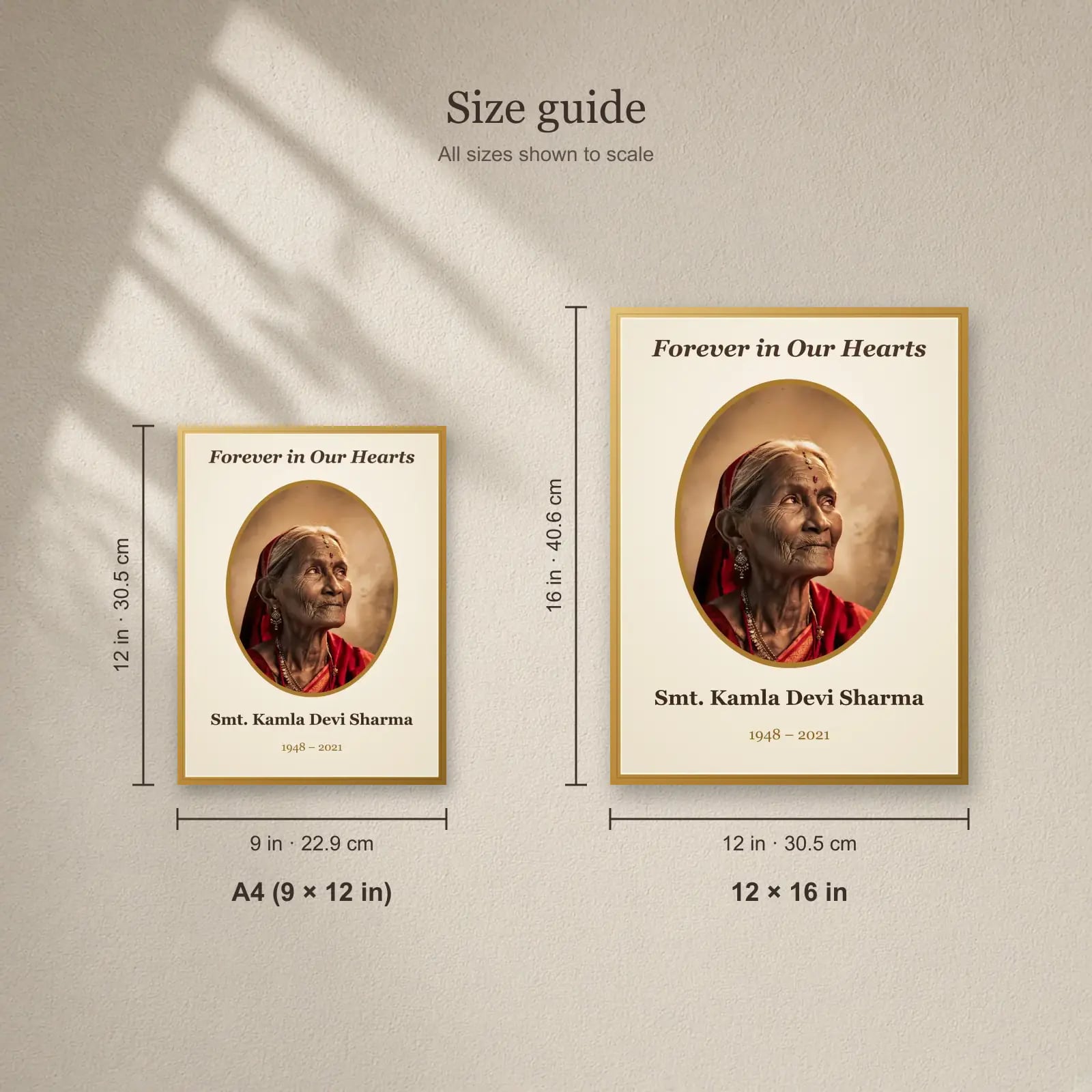 Forever in Our Hearts Memorial Frame size guide: A4 (9 × 12 in), 12 × 16 in