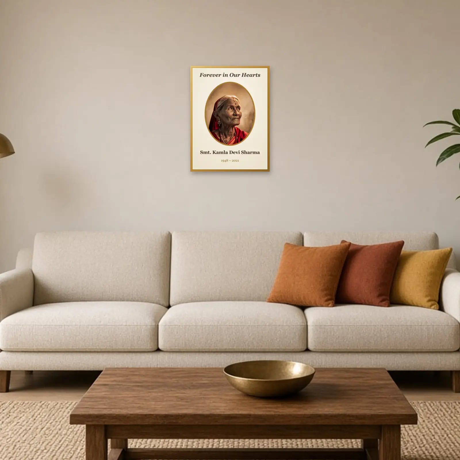 Forever in Our Hearts Memorial Frame above a sofa