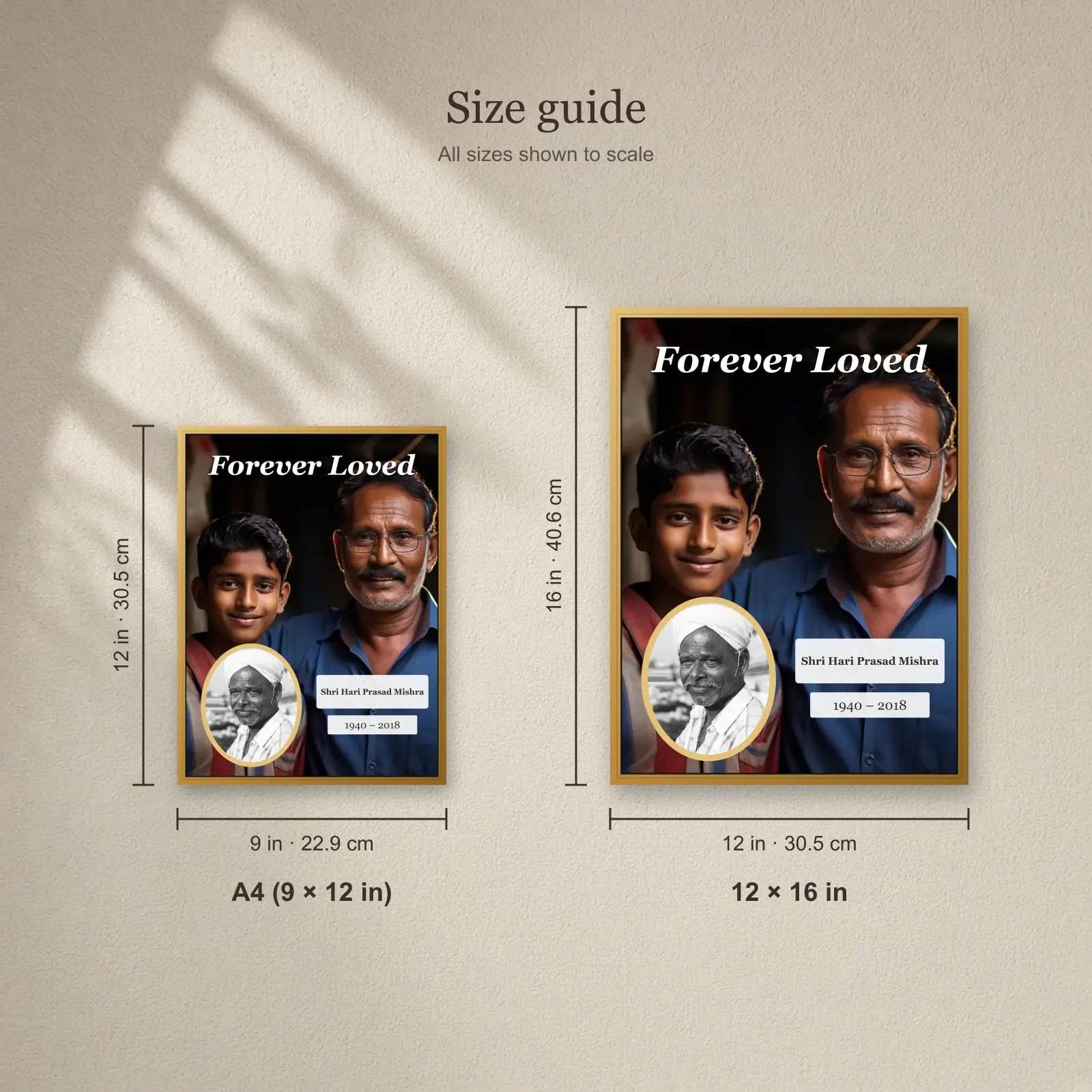 Forever Loved Memorial Frame size guide: A4 (9 × 12 in), 12 × 16 in