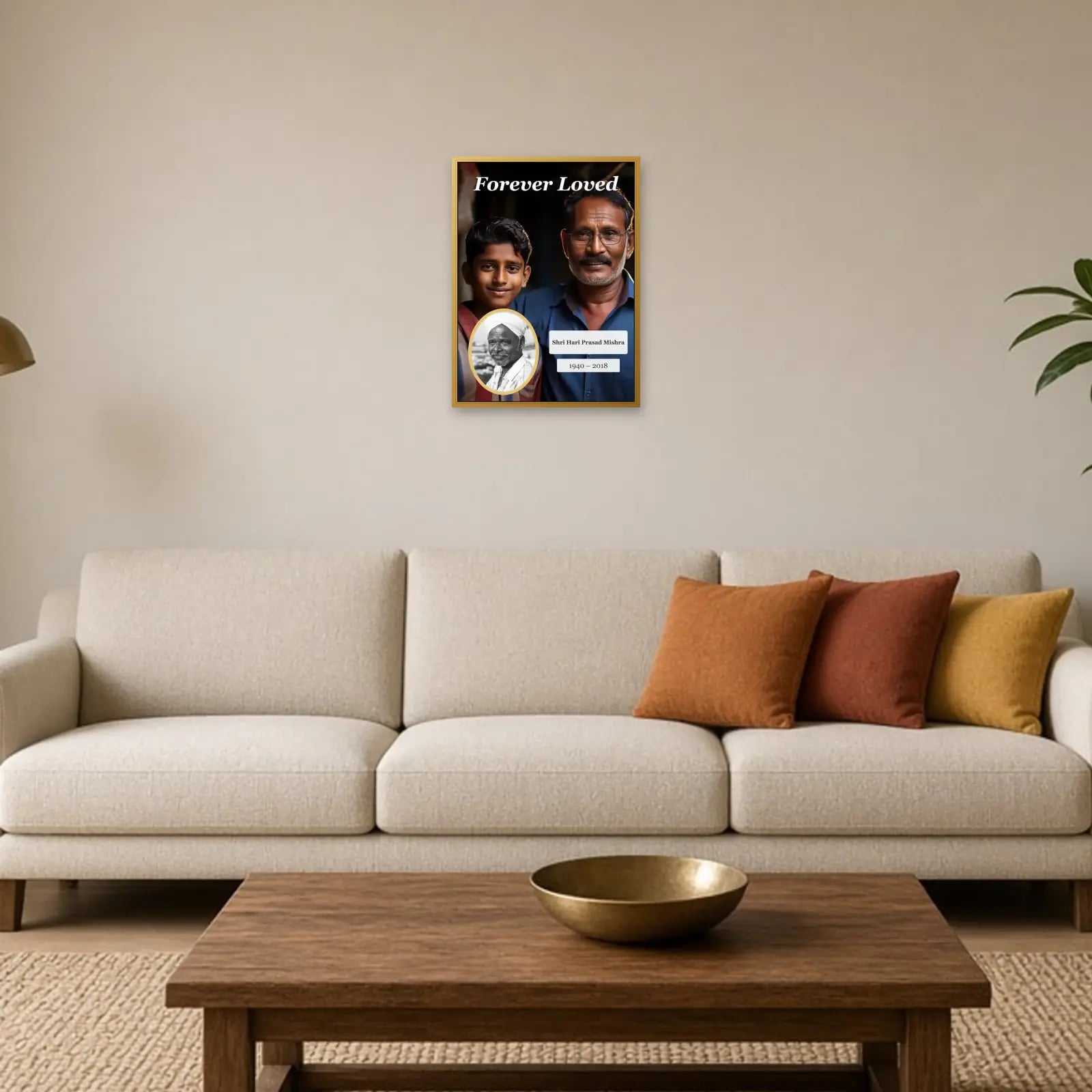 Forever Loved Memorial Frame above a sofa