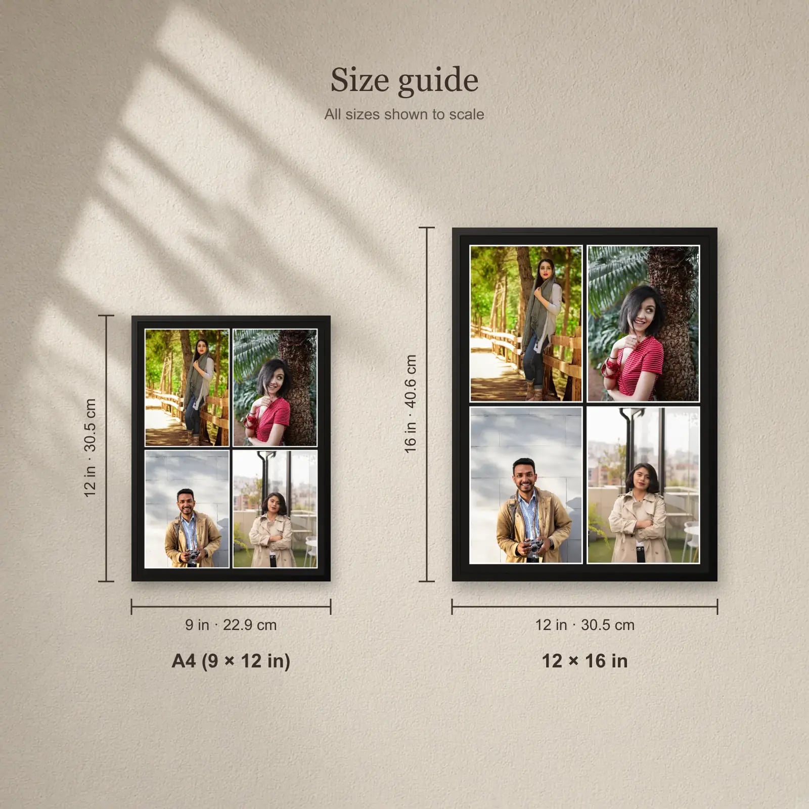 Four Photo Grid Frame size guide: A4 (9 × 12 in), 12 × 16 in