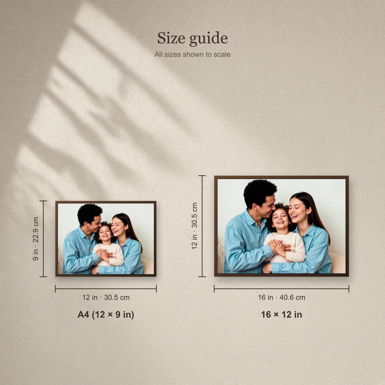 Full Photo Frame — Landscape size guide: A4 (12 × 9 in), 16 × 12 in