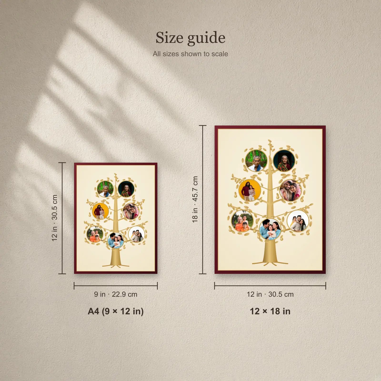Golden Family Tree Frame size guide: A4 (9 × 12 in), 12 × 18 in