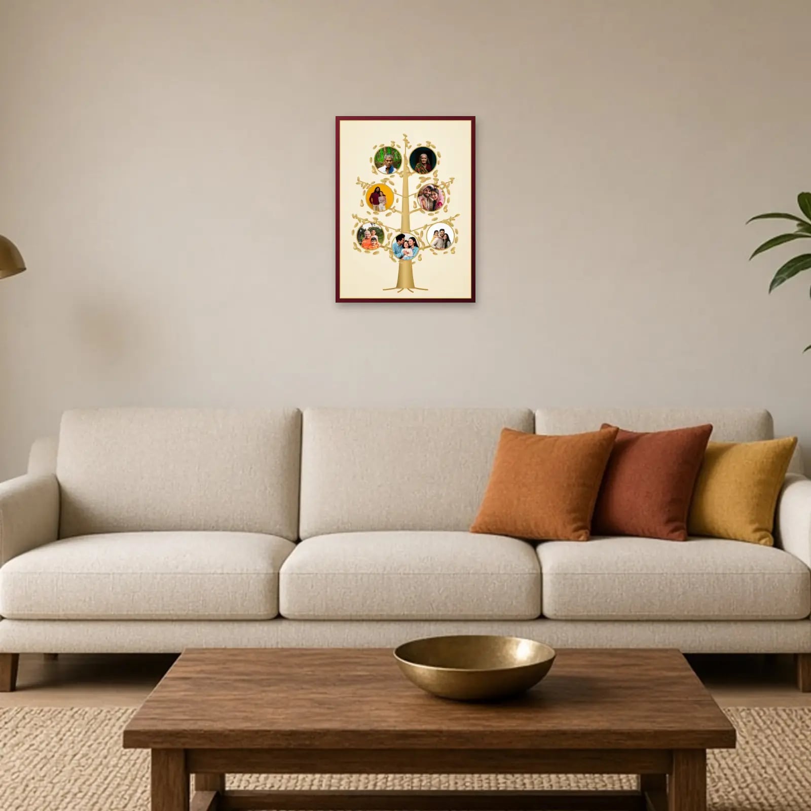 Golden Family Tree Frame above a sofa
