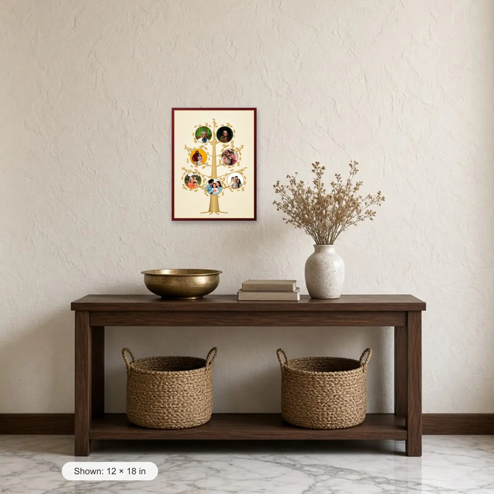 Golden Family Tree Frame above a console table