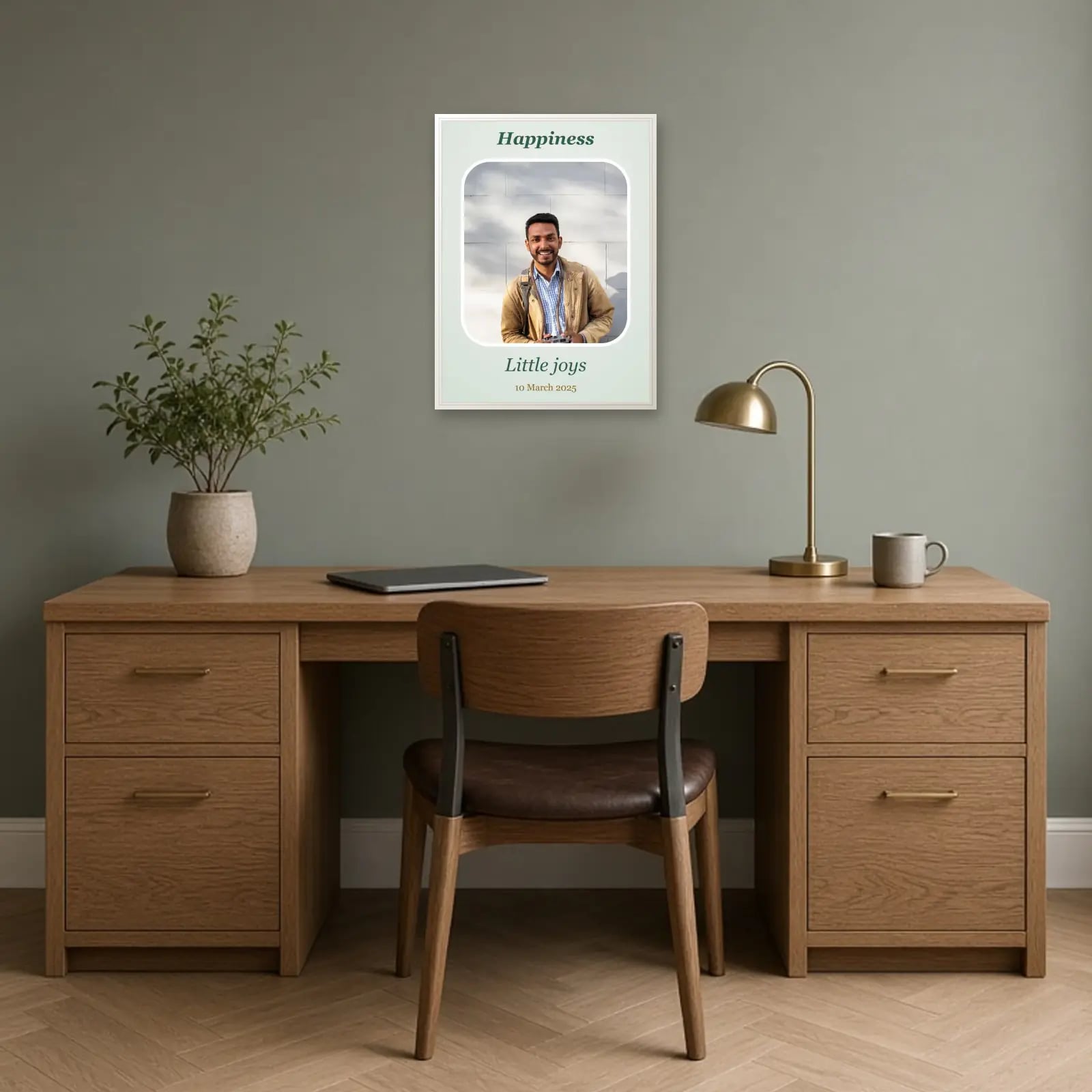 Happiness Rounded Photo Frame above a desk