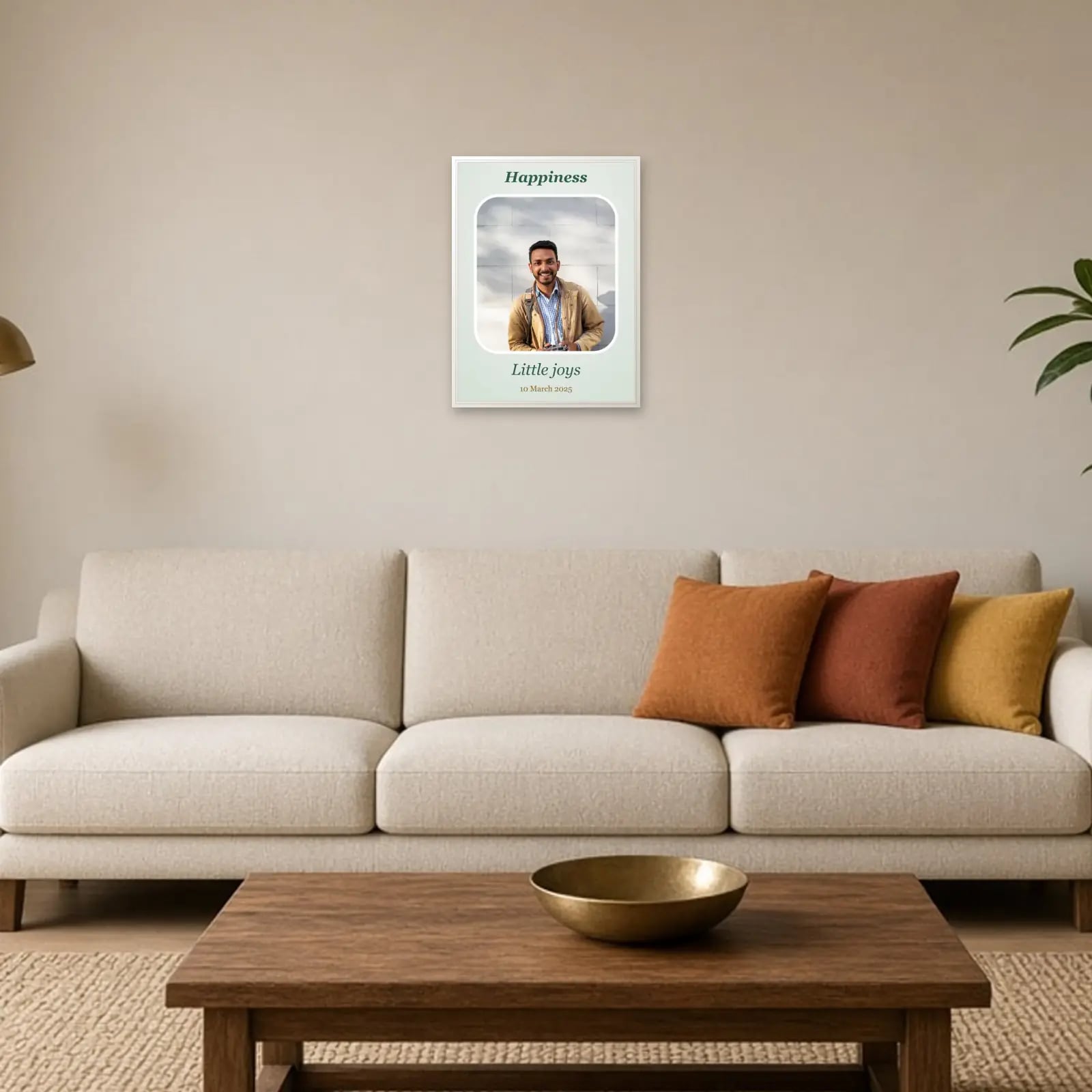 Happiness Rounded Photo Frame above a sofa