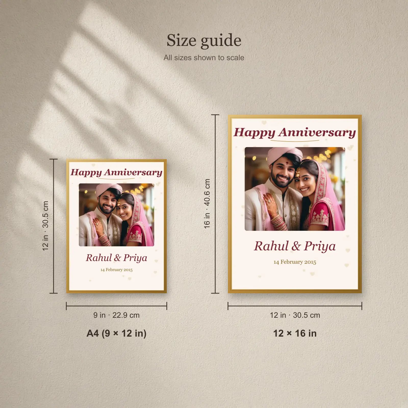 Happy Anniversary Frame with Names & Date size guide: A4 (9 × 12 in), 12 × 16 in
