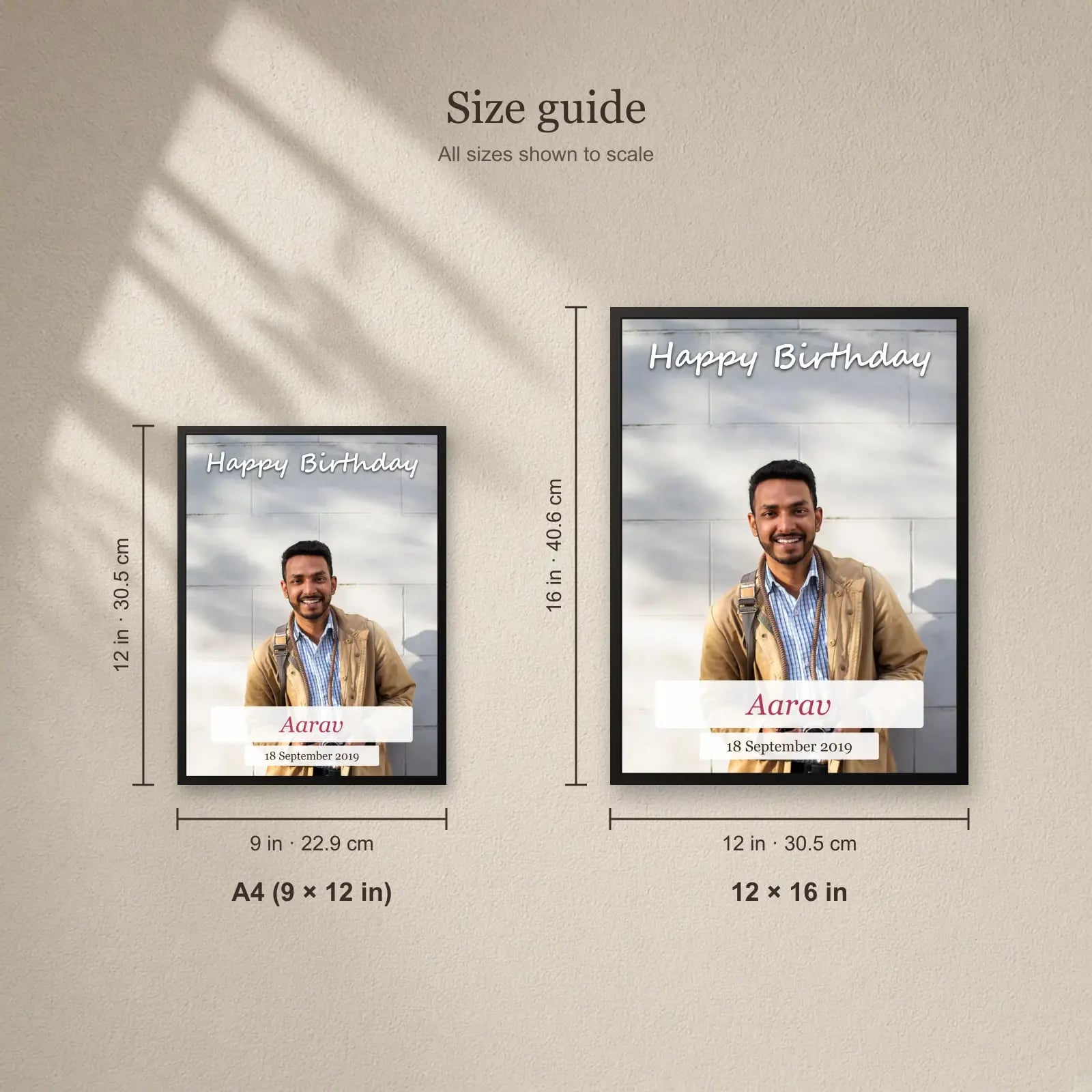 Happy Birthday Full Photo Frame size guide: A4 (9 × 12 in), 12 × 16 in