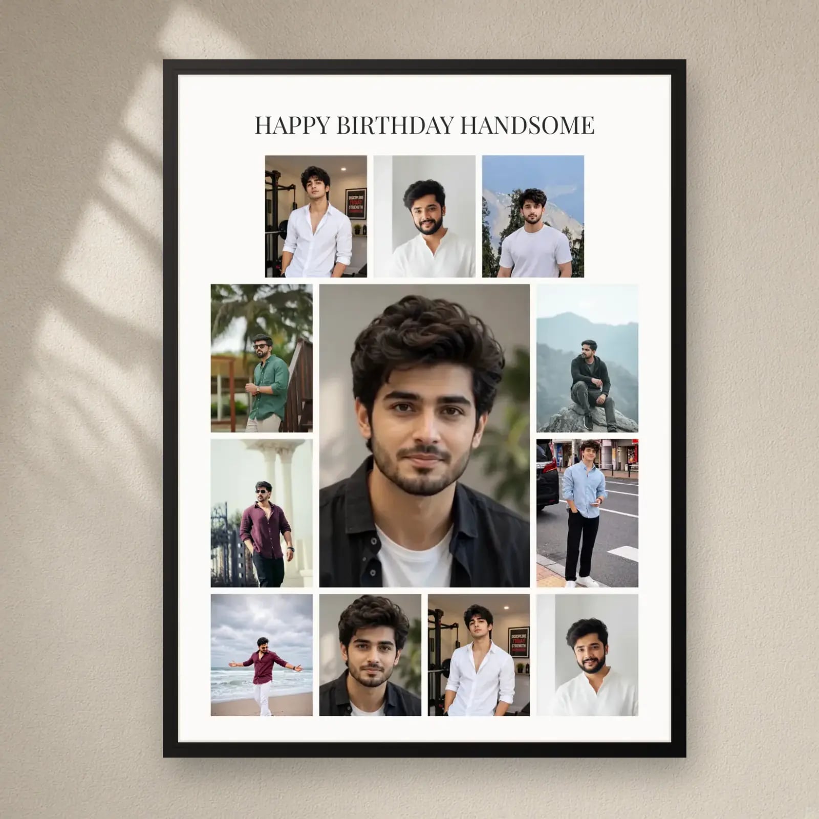 Happy Birthday Handsome Collage — 12 Photos on a plain wall