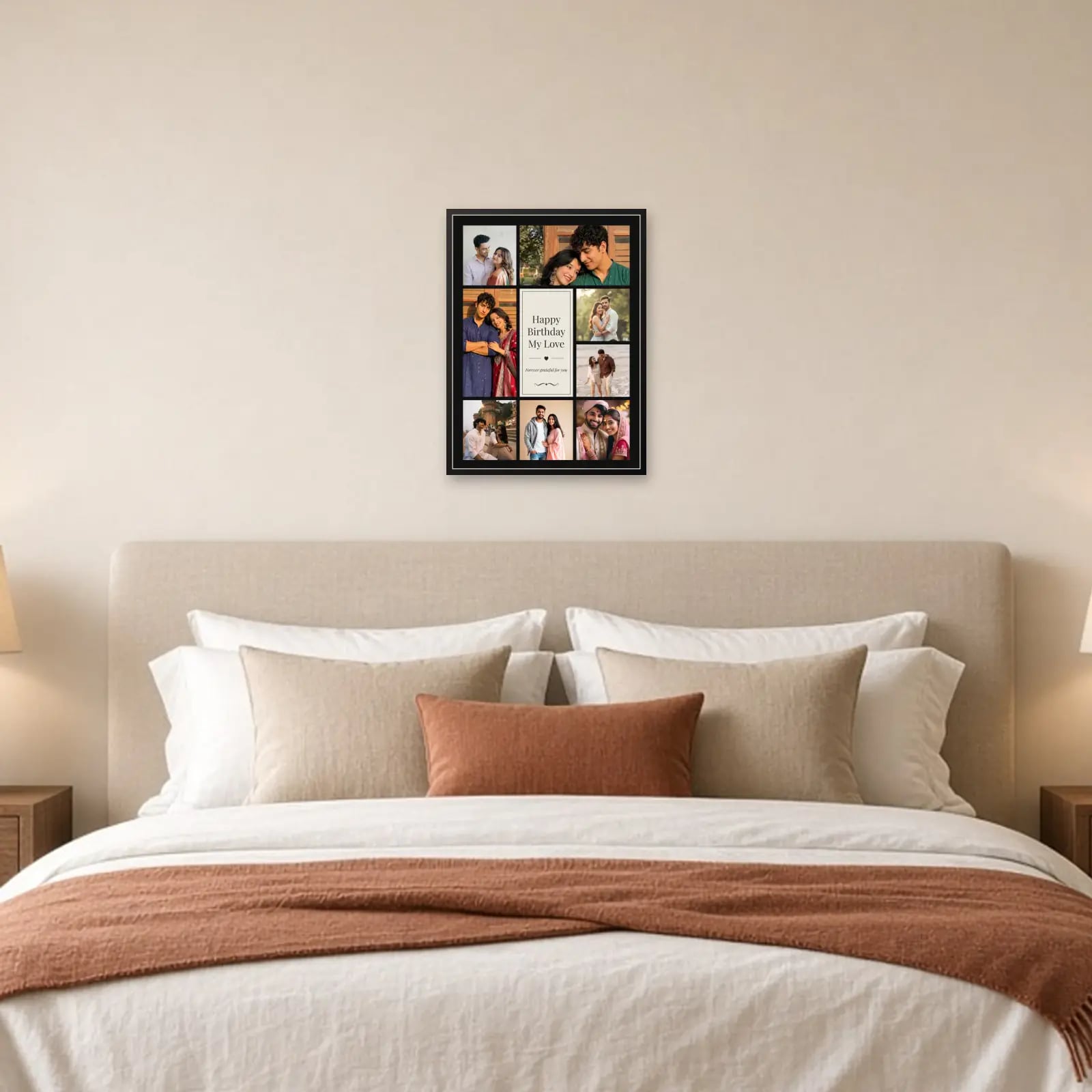 Happy Birthday My Love Collage — 8 Photos above a bed