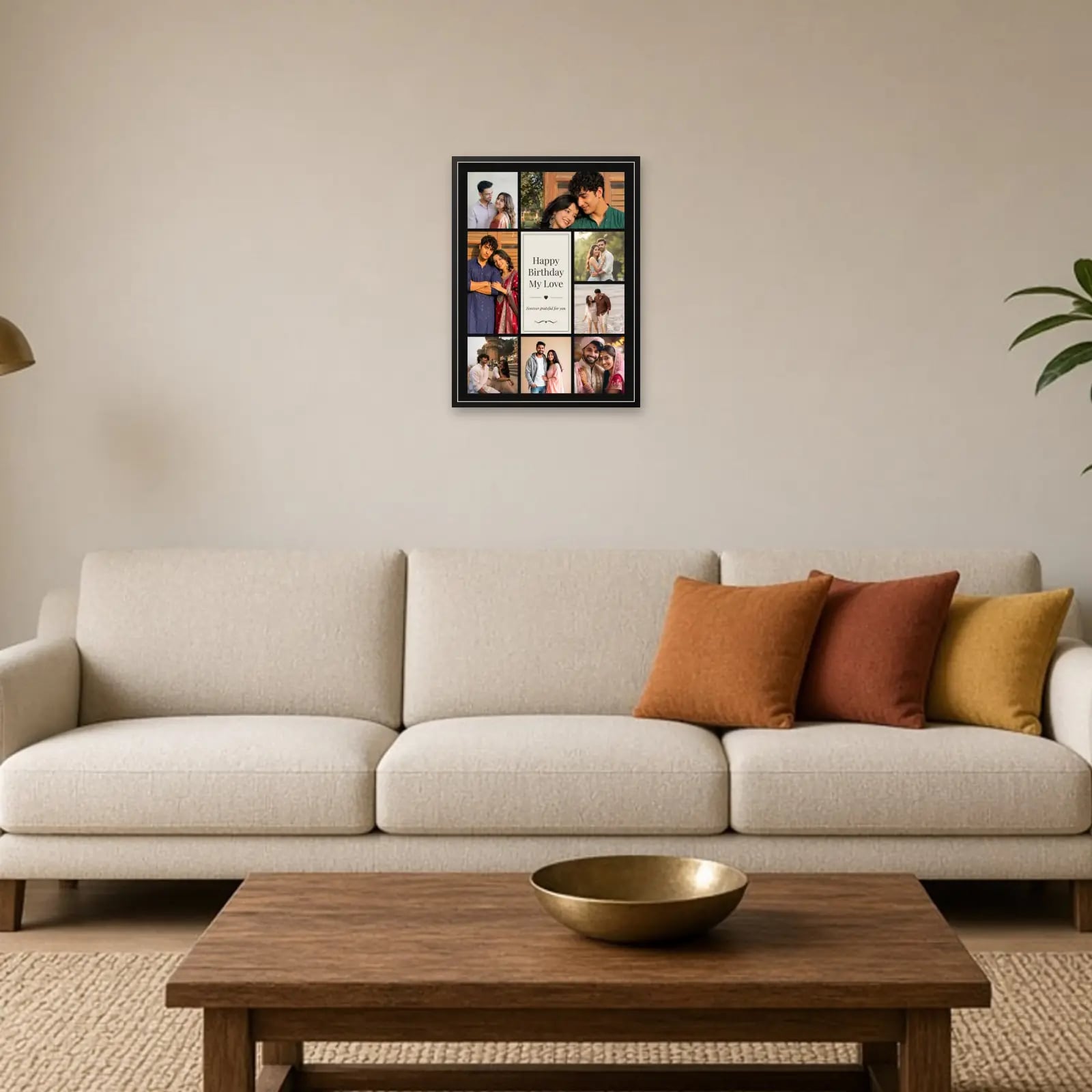 Happy Birthday My Love Collage — 8 Photos above a sofa