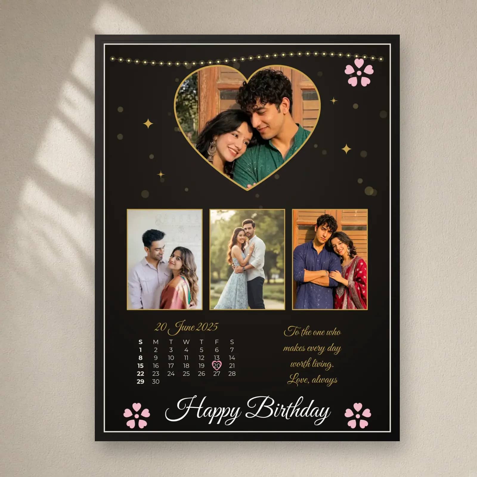 Heart Calendar Birthday Frame — 4 Photos on a plain wall