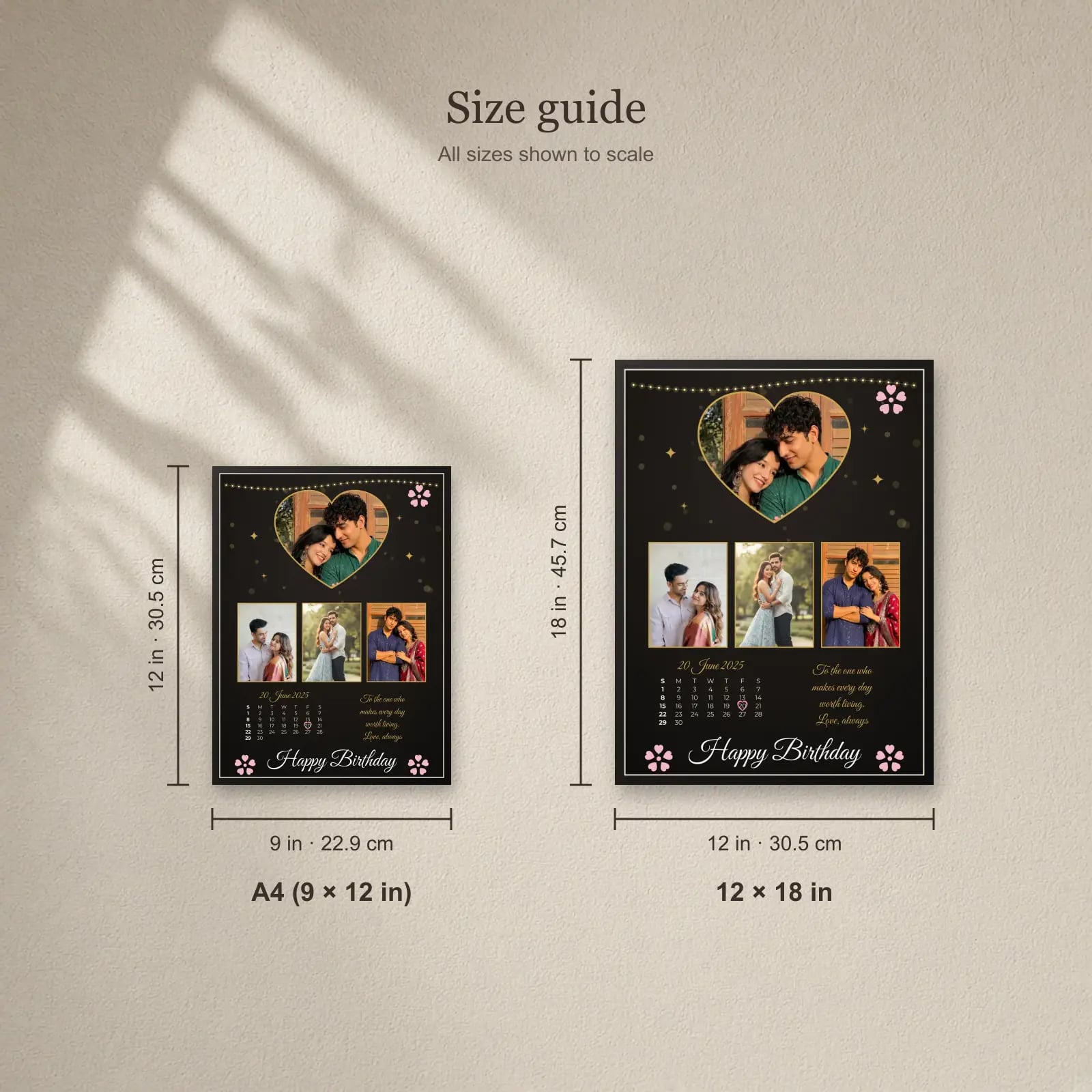 Heart Calendar Birthday Frame — 4 Photos size guide: A4 (9 × 12 in), 12 × 18 in