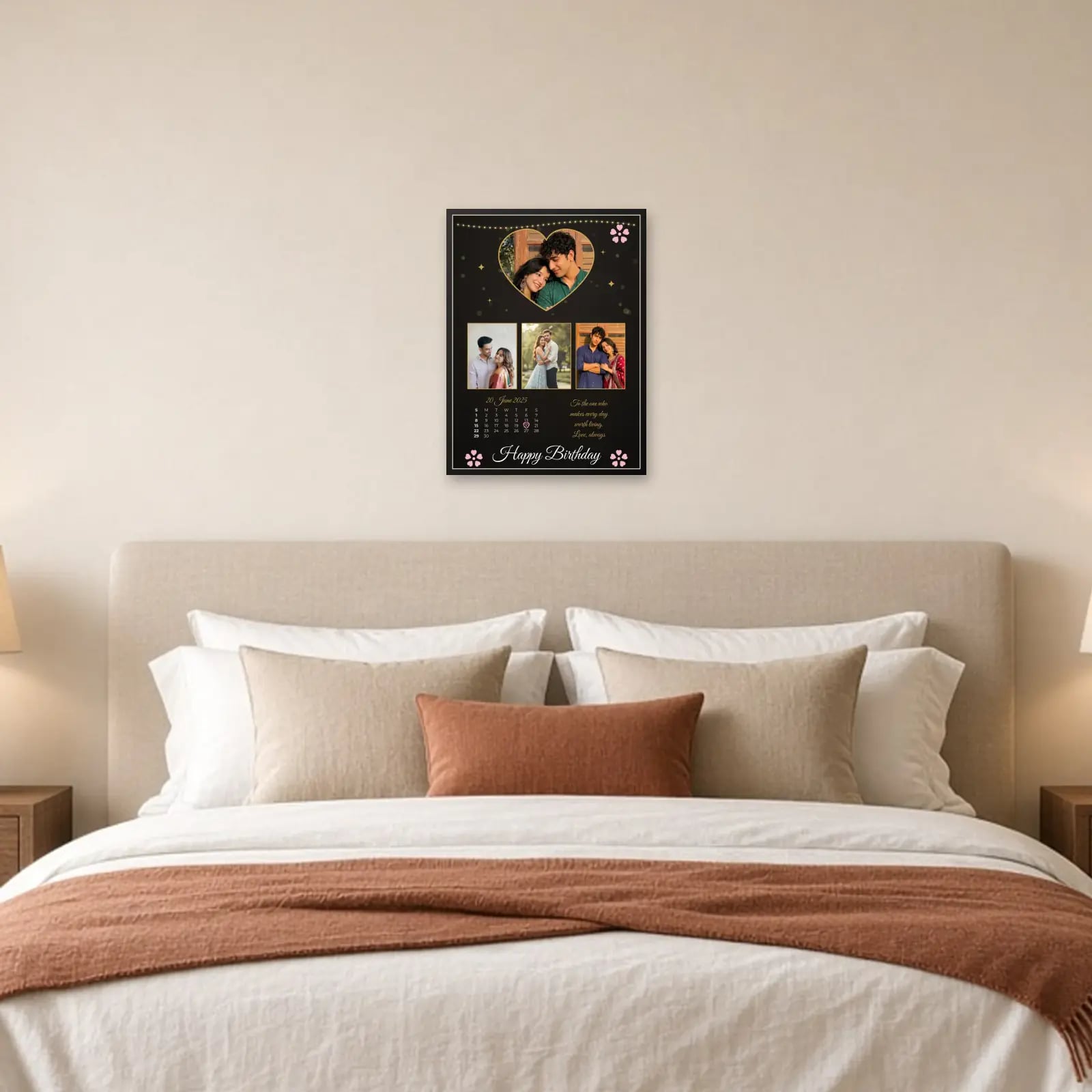Heart Calendar Birthday Frame — 4 Photos above a bed