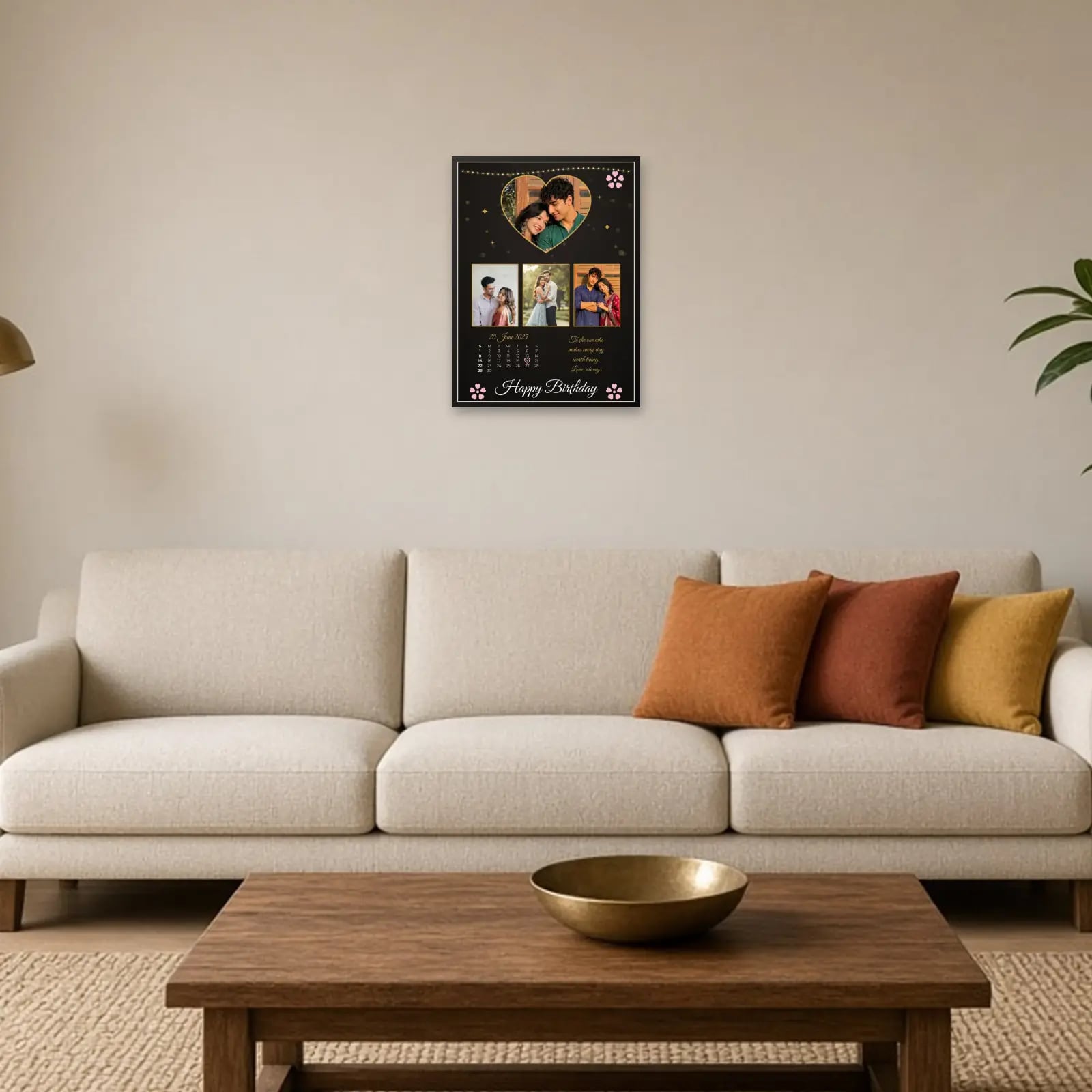 Heart Calendar Birthday Frame — 4 Photos above a sofa