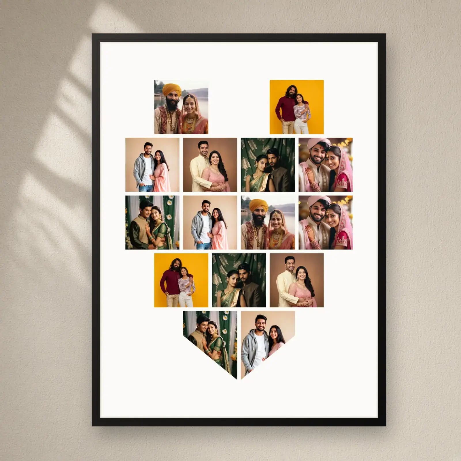 Heart Photo Collage Frame — 15 Photos on a plain wall