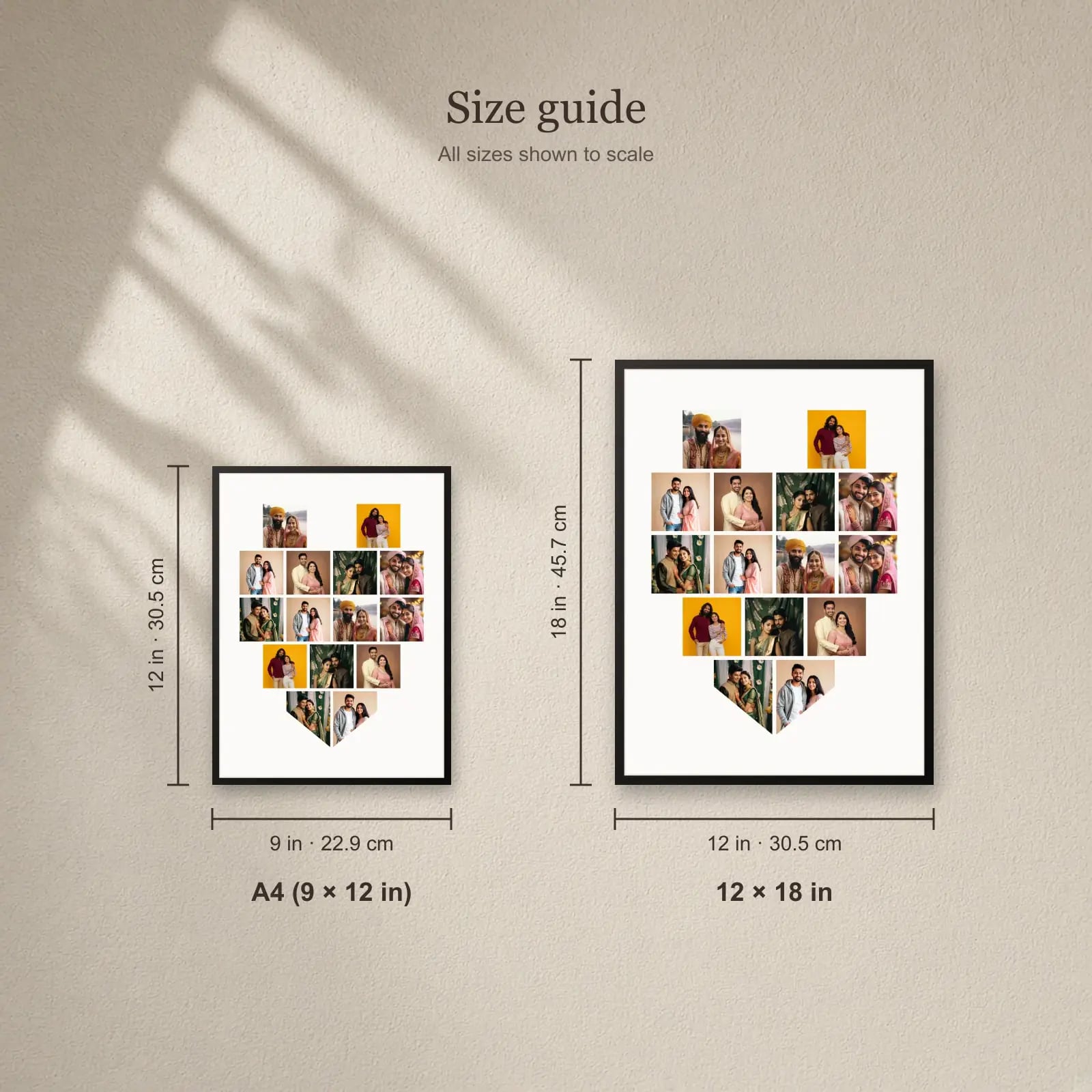Heart Photo Collage Frame — 15 Photos size guide: A4 (9 × 12 in), 12 × 18 in