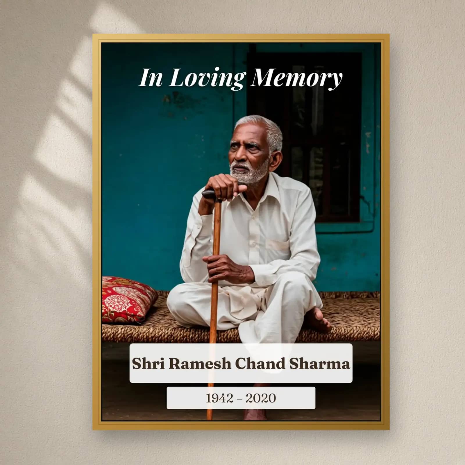 In Loving Memory Full Photo Frame on a plain wall