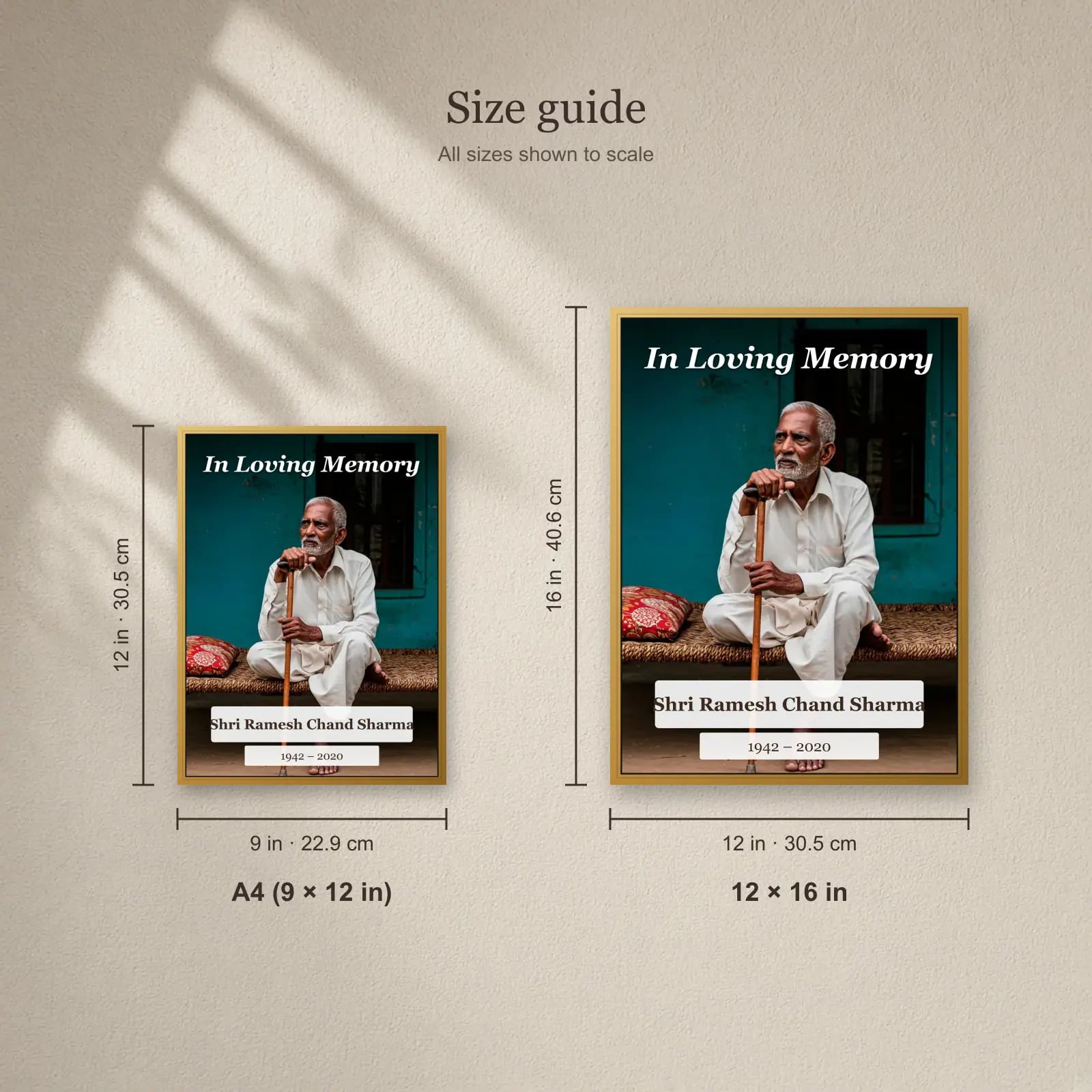In Loving Memory Full Photo Frame size guide: A4 (9 × 12 in), 12 × 16 in