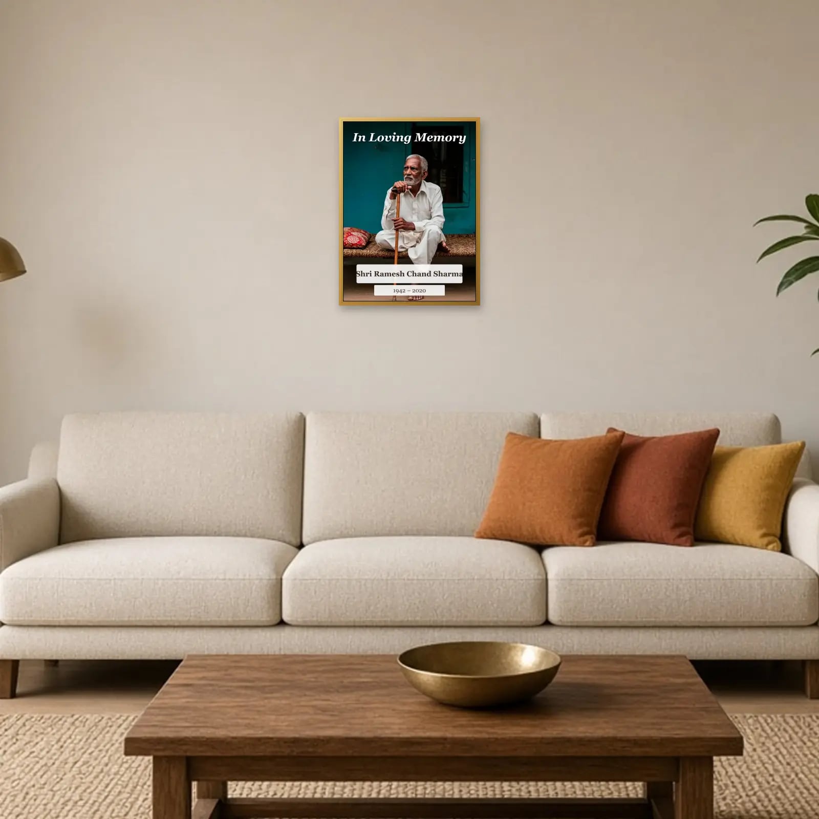 In Loving Memory Full Photo Frame above a sofa