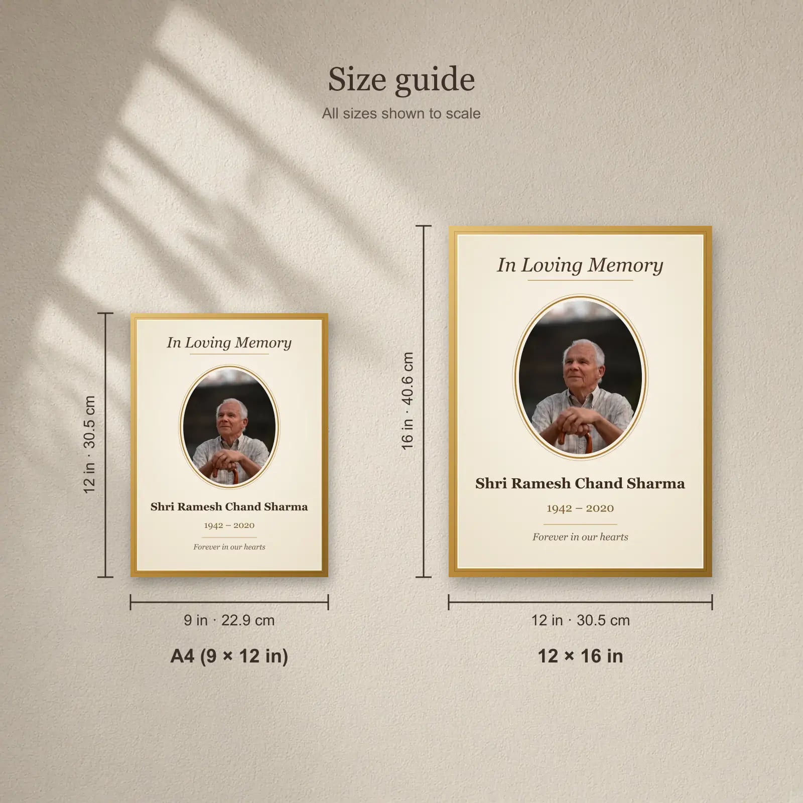 In Loving Memory Photo Frame size guide: A4 (9 × 12 in), 12 × 16 in
