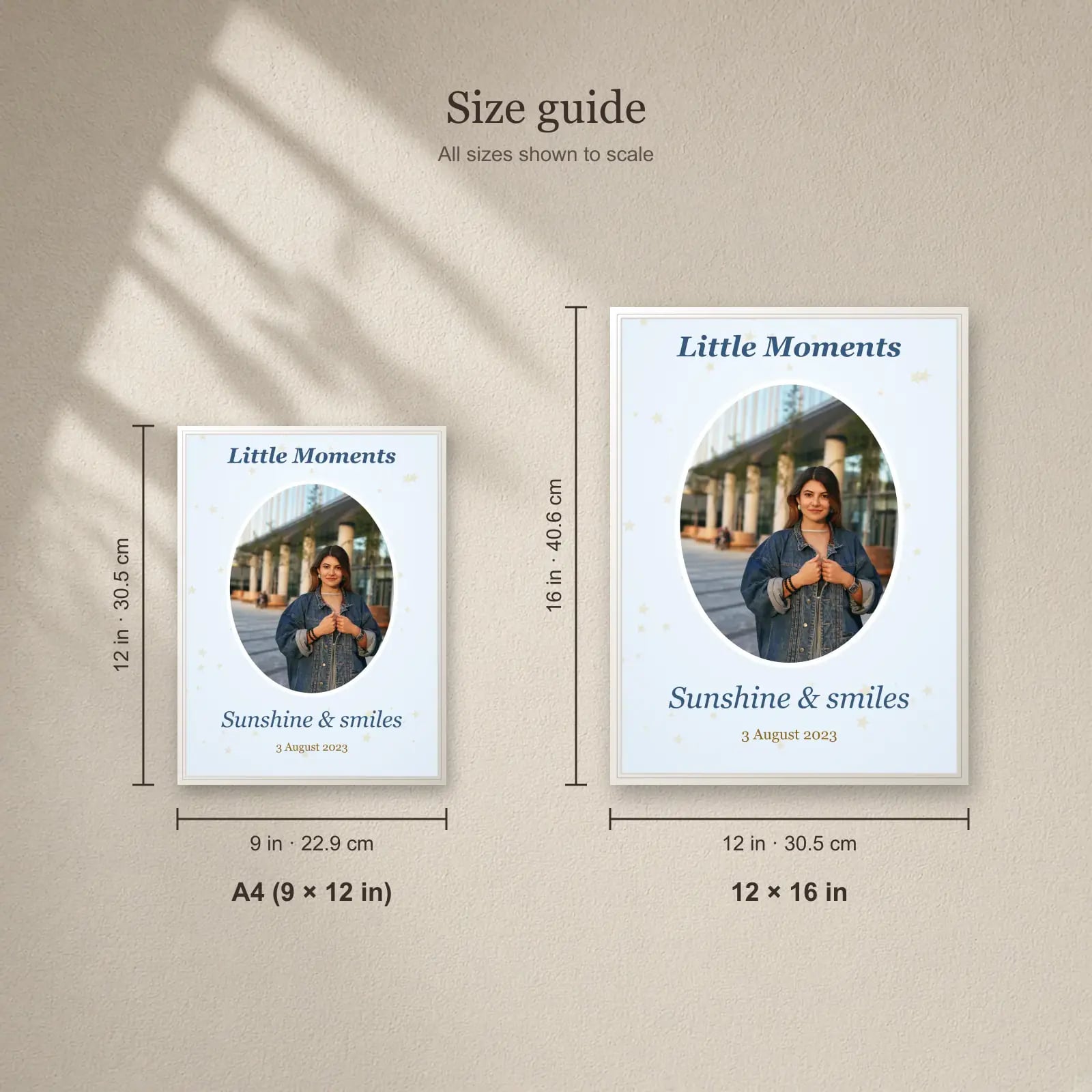 Little Moments Oval Photo Frame size guide: A4 (9 × 12 in), 12 × 16 in