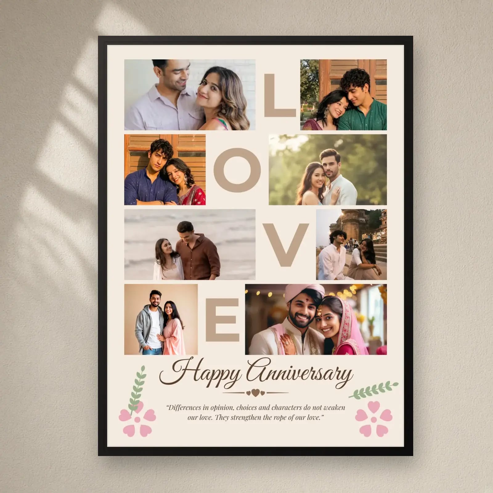 LOVE Happy Anniversary Collage — 8 Photos on a plain wall