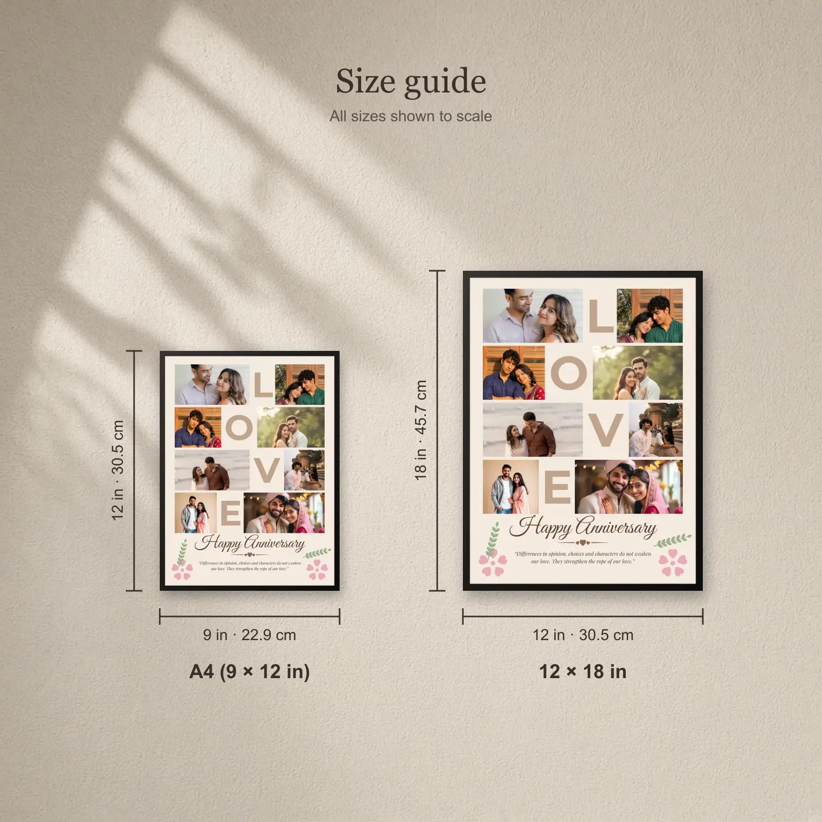 LOVE Happy Anniversary Collage — 8 Photos size guide: A4 (9 × 12 in), 12 × 18 in