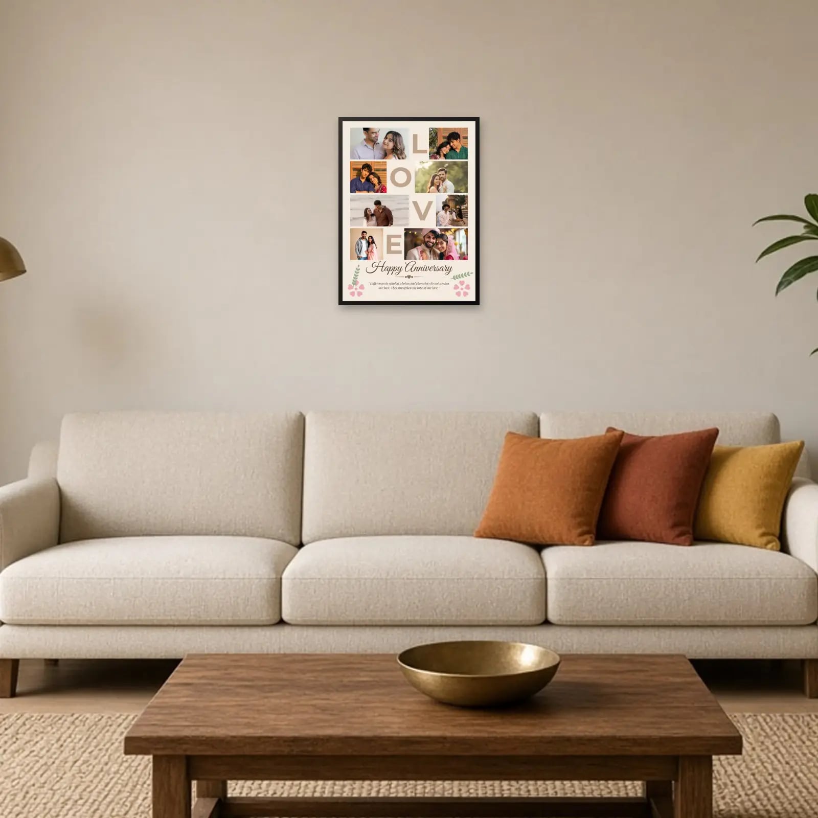 LOVE Happy Anniversary Collage — 8 Photos above a sofa