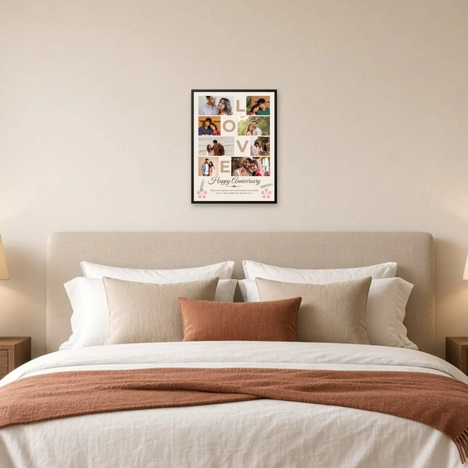 LOVE Happy Anniversary Collage — 8 Photos above a bed
