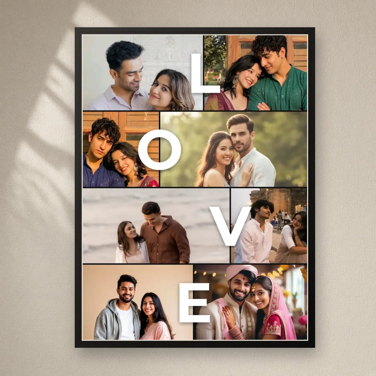 LOVE Letters Collage Frame — 8 Photos on a plain wall