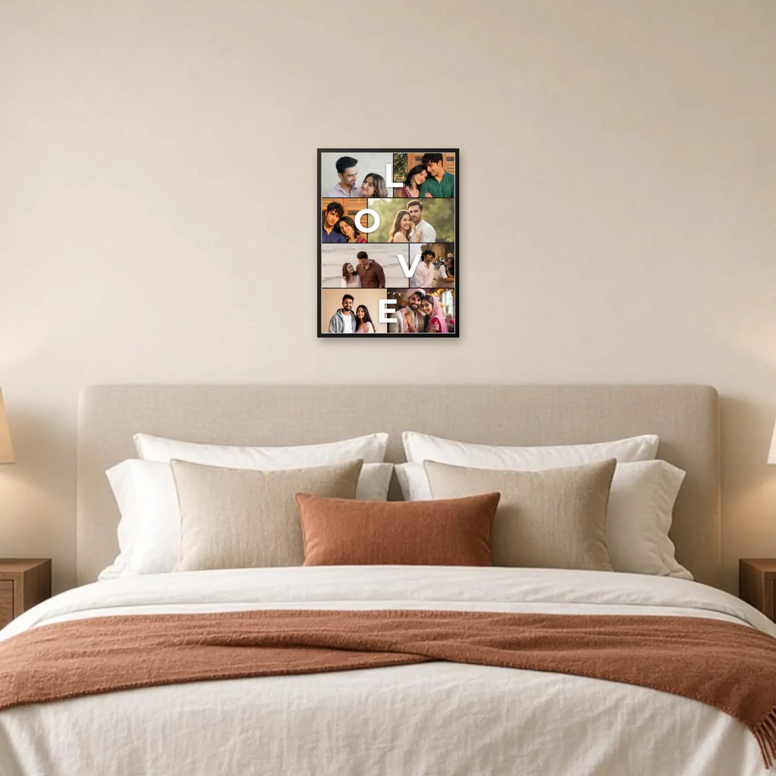 LOVE Letters Collage Frame — 8 Photos above a bed