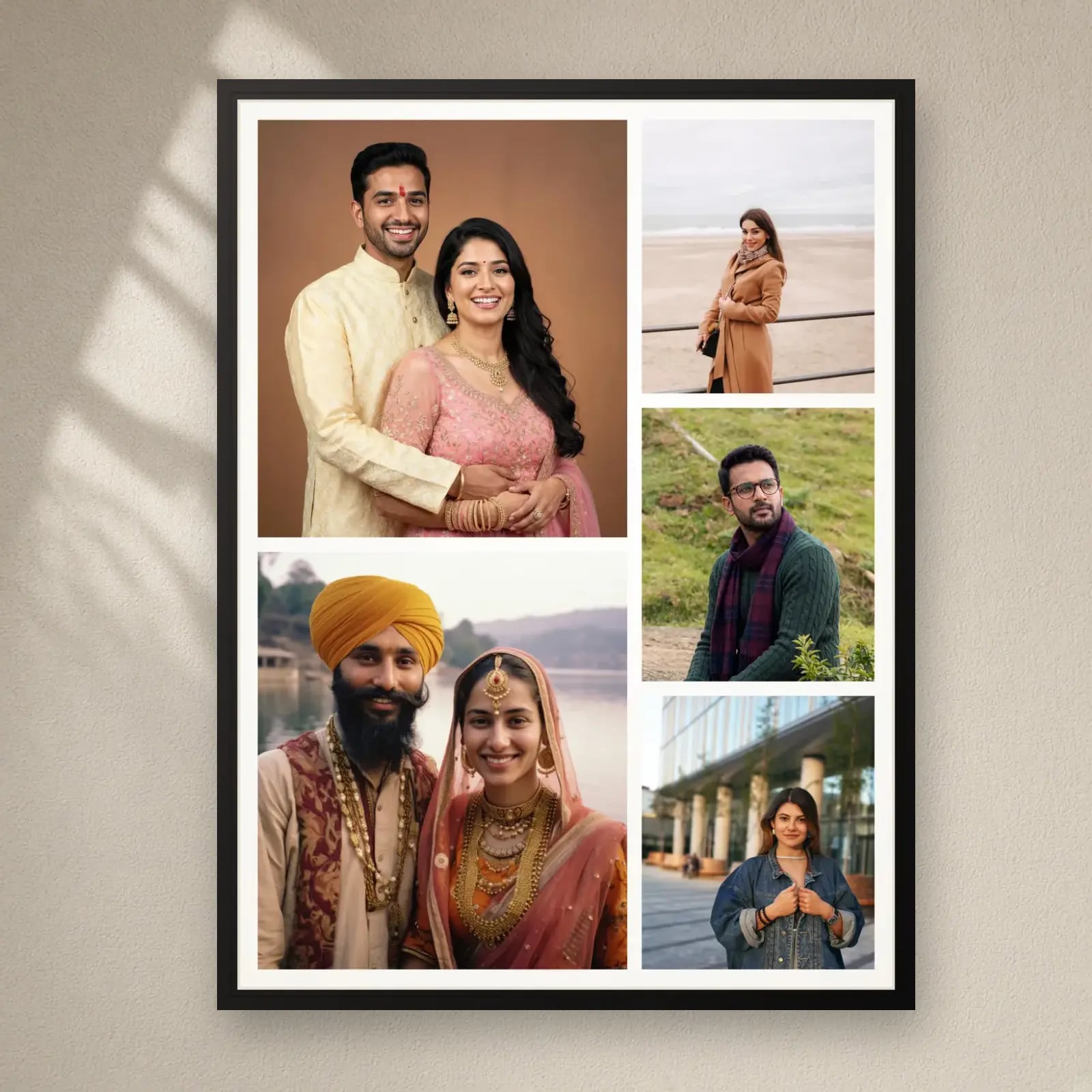 Moments Collage Frame — 5 Photos on a plain wall