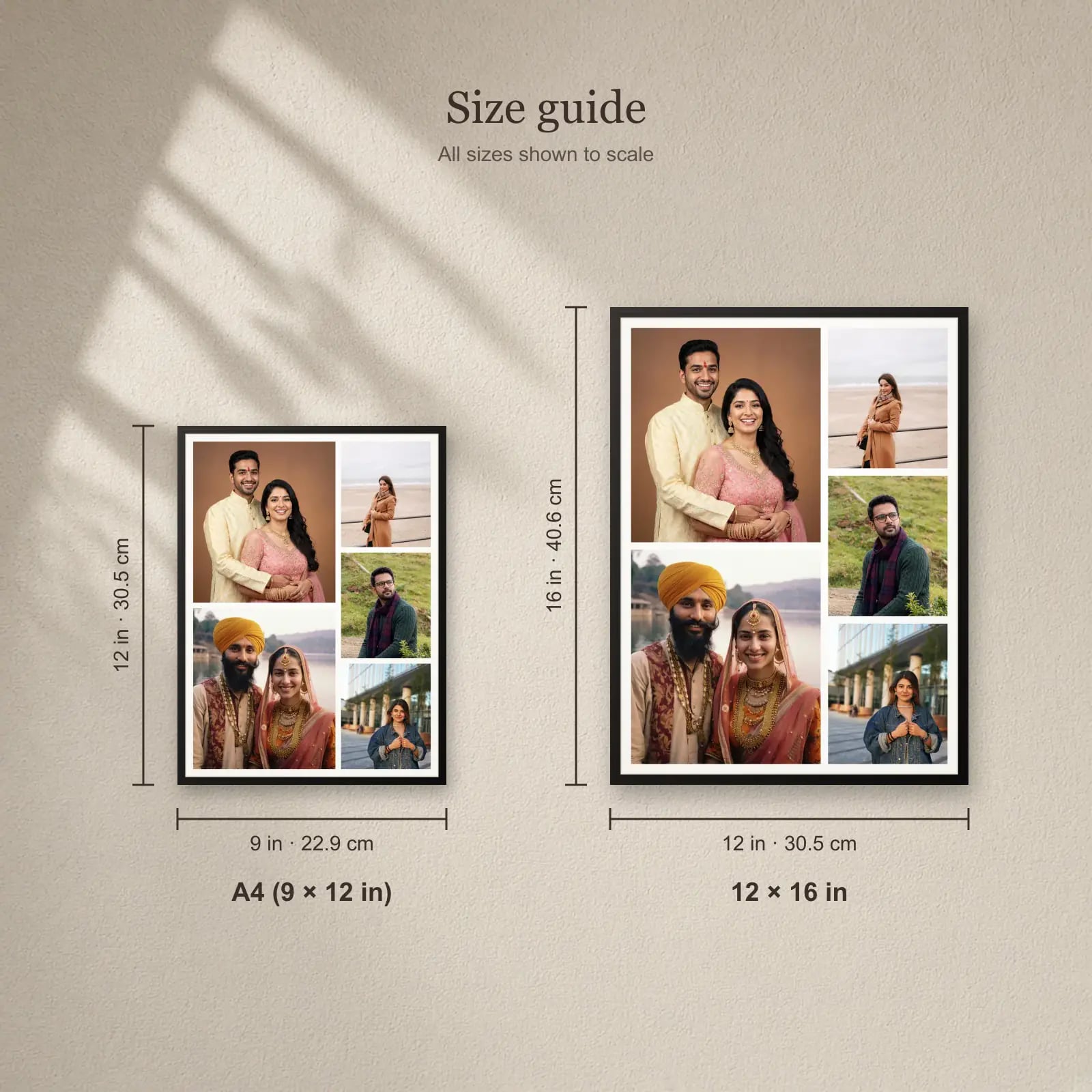 Moments Collage Frame — 5 Photos size guide: A4 (9 × 12 in), 12 × 16 in