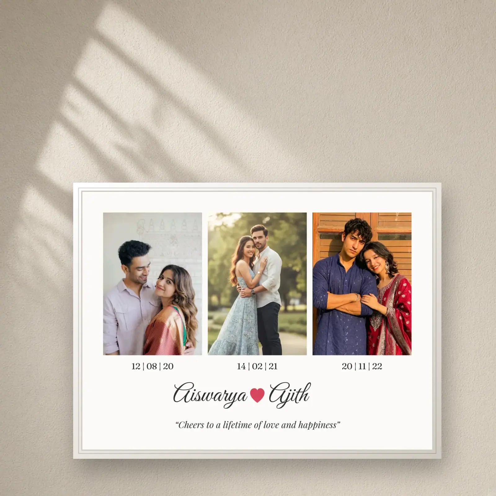 Names & Dates Couple Frame — 3 Photos on a plain wall
