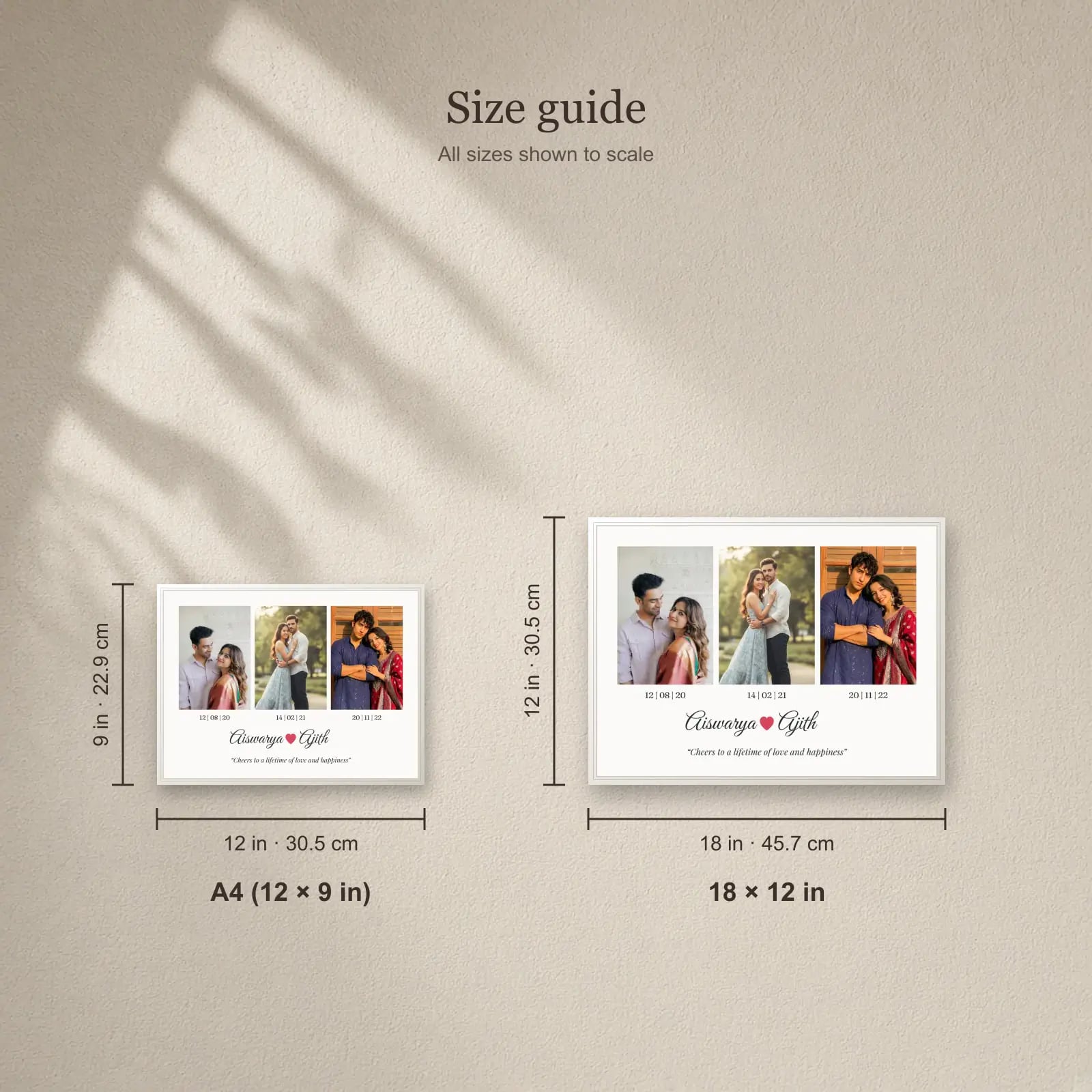 Names & Dates Couple Frame — 3 Photos size guide: A4 (12 × 9 in), 18 × 12 in