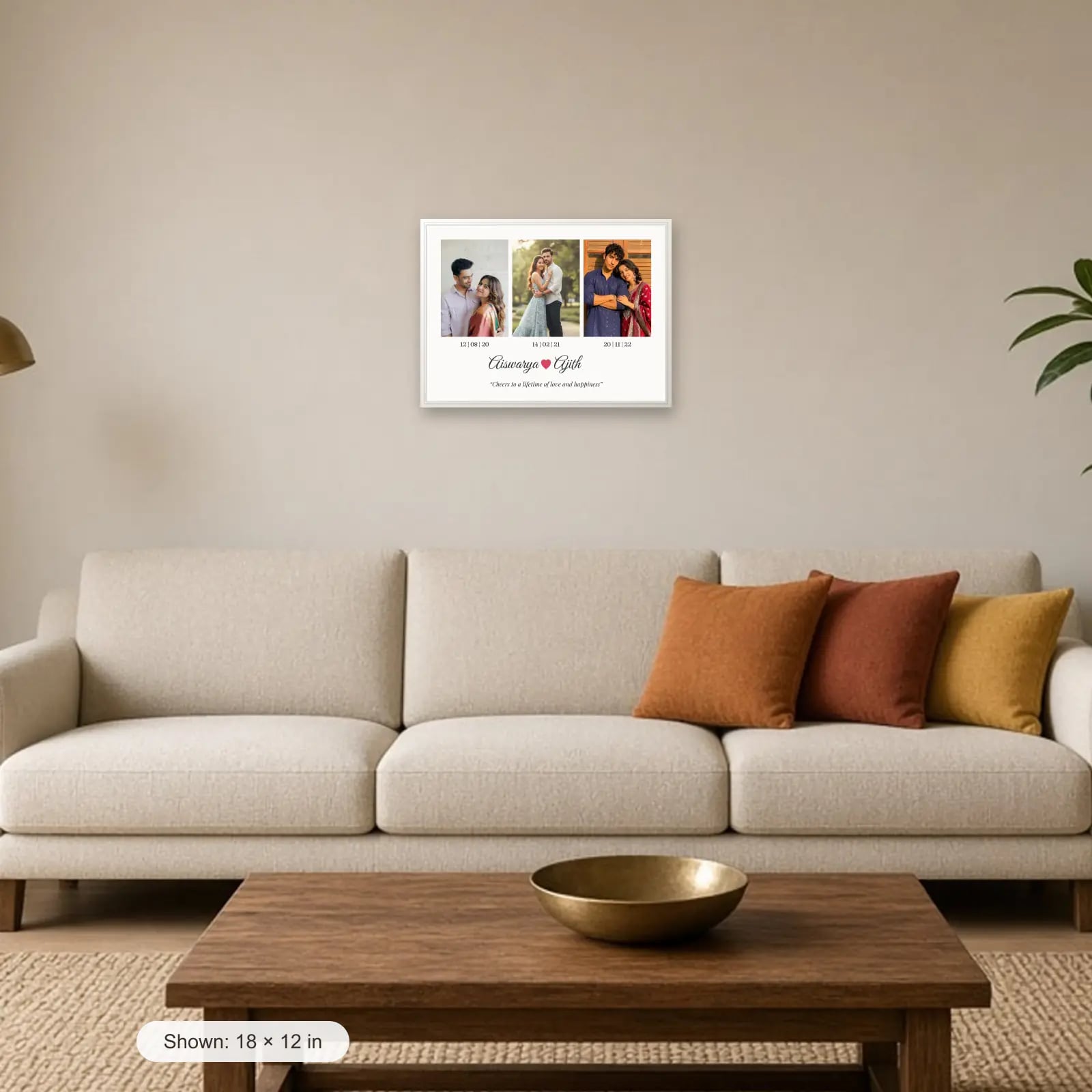 Names & Dates Couple Frame — 3 Photos above a sofa
