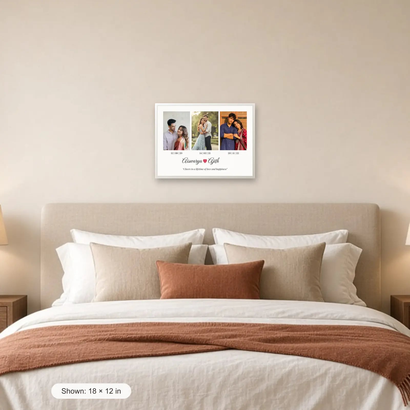 Names & Dates Couple Frame — 3 Photos above a bed